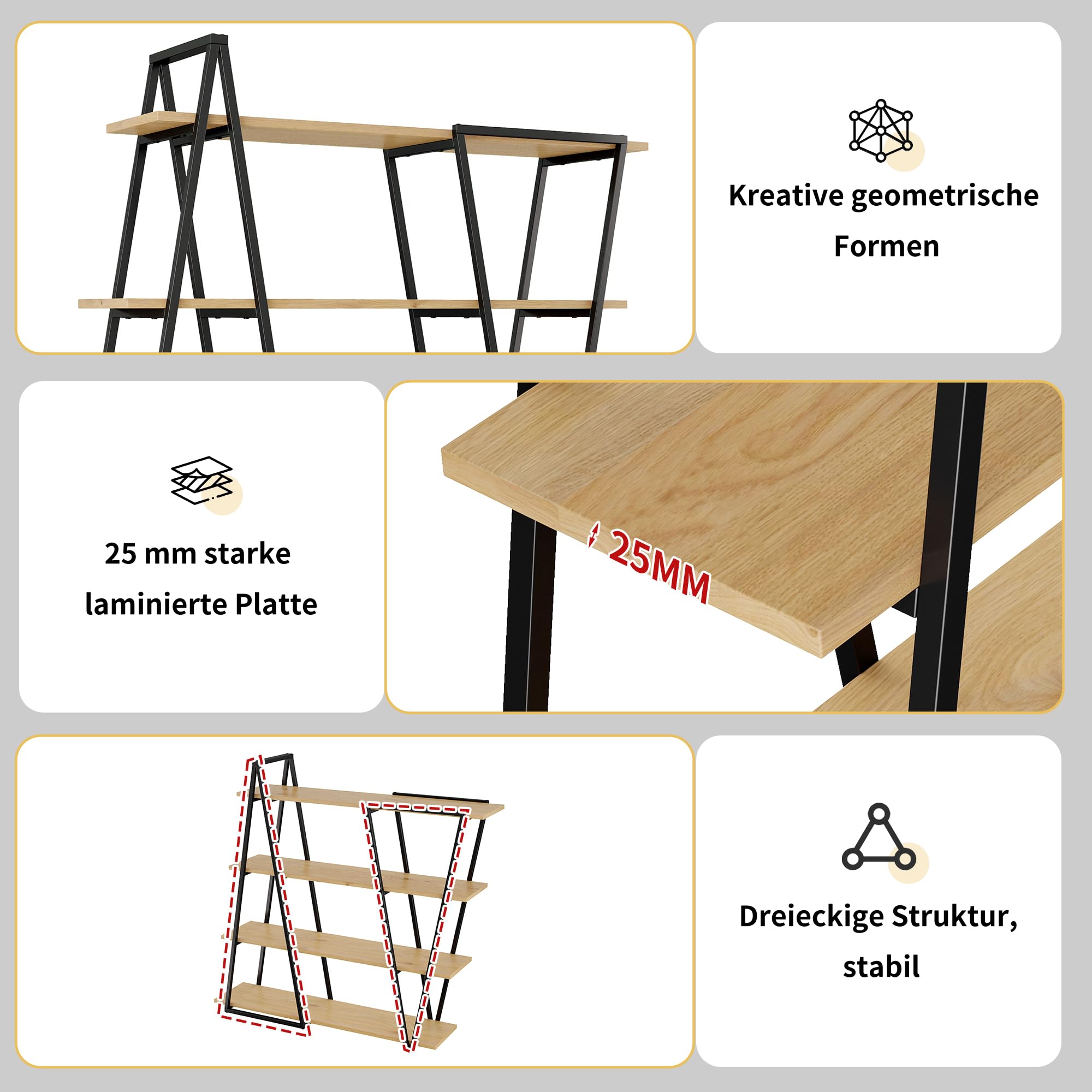 158×35×166 cm Geometrisches Stehregal – Bücherregal/Offenes Metallregal mit 25 mm Verdickt MDF-Holzböden, Dreiecksdesign, für Wohnzimmer, Küche & Arbeitszimmer,Regal - Bücherregal