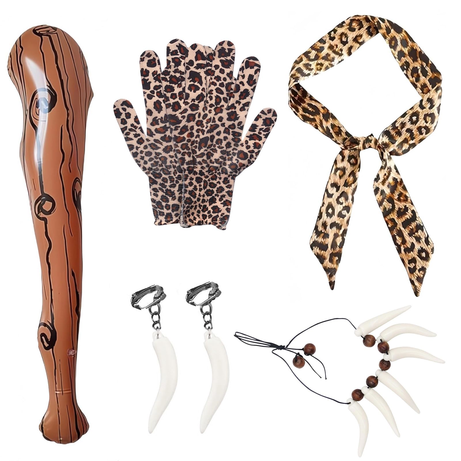 LIUQOBN 5 Pieces Wild Caveman Costumes, Include Inflatable Wooden Stick Leopard Print Scarf And Gloves Ivory Necklace And Earrings,Caveman Costume Accessories Adult For Halloween Costumes Stone Age