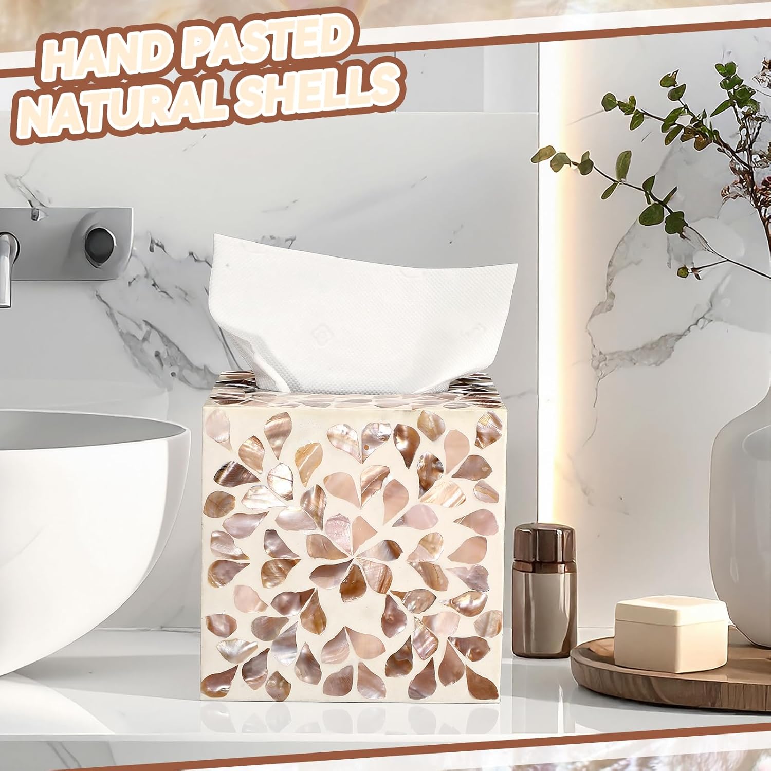 Reallnaive 5.9 Inch Cube Mother of Pearl Tissue Box Cover Ceramic Decorative Tissue Box Holder, Square Napkin Holder Rustic Napkin Dispenser Organizer for Table Bathroom Office(Brown Floral)