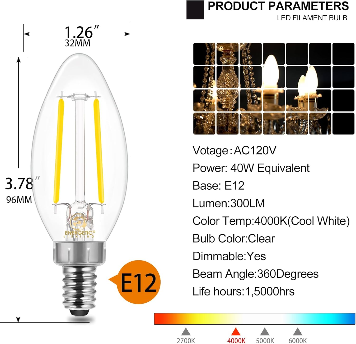 Energetic E12 B10 LED Classic Candelabra Clear Light Bulb, 40 Watt Equivalent, Cool White 4000K, Filament Clear Glass, Non-Dimmable, UL Listed Pack of 6