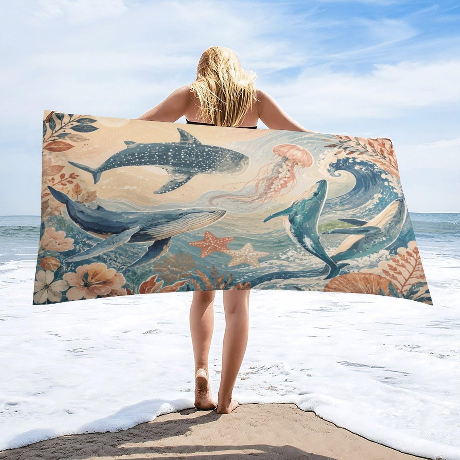 Anceky Ocean Whales and Jellyfish Beach Towel 32"×63",Soft Microfiber Bath Towel Shawl, Quick Dry Absorbent Pool Spa Gym Shower Towel