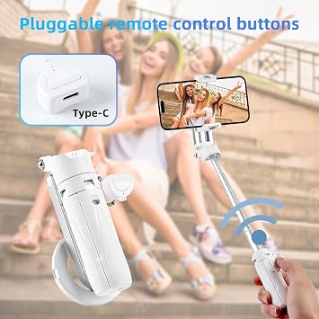 MQOUNY for Magsafe Tripod Stand for iPhone,Portable Pocket Size Selfie Stick with Rechargeable Remote and Metal Ring,Extendable Detachable Cell Phone Tripod Compatible with iPhone/Android (White)