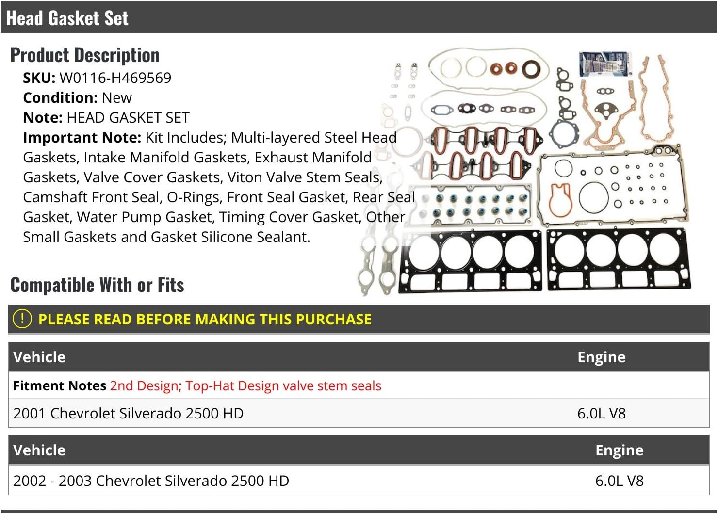 Complete Head Gasket Set - Compatible with 2001-2003 Chevy Silverado 2500 HD 6.0L V8
