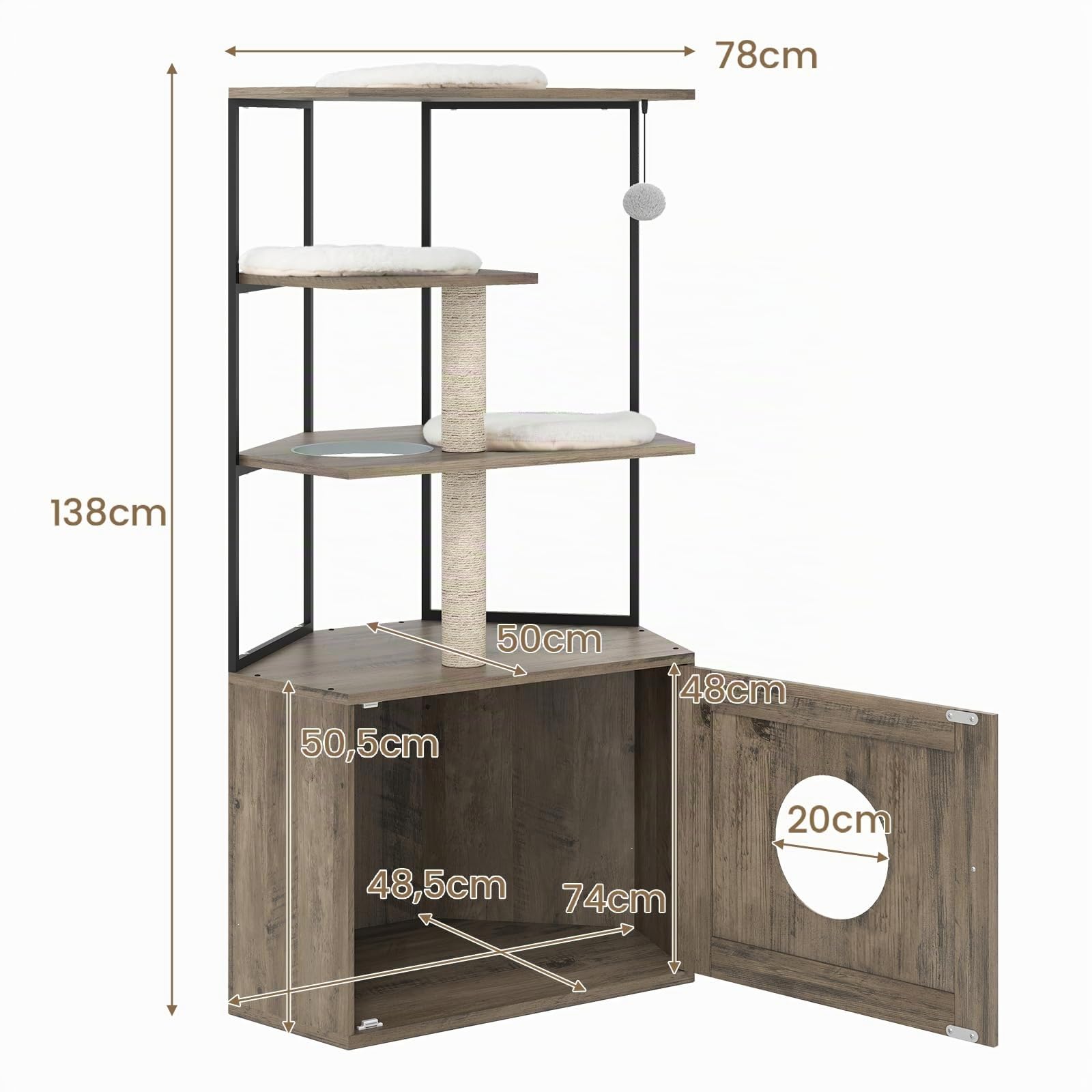 GYMAX Meuble Litière Chat d'Angle 138cm, Étagère de Rangement, Plateformes avec Coussins, Structure Métallique, Boule Suspendue à Jouer, Griffoir à Griffer, Maison de Toilette pour Chatons d'Intérieur