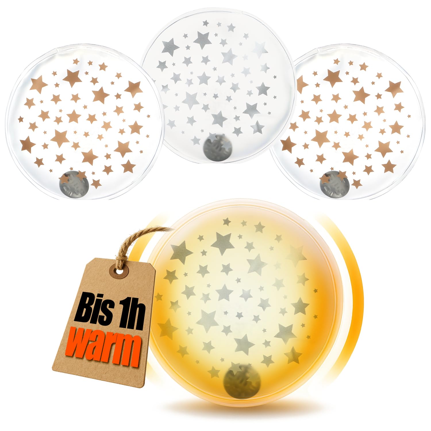 COM-FOUR® 4x scaldamani tascabili scaldamani riutilizzabili - scaldamani con piccole stelle - cuscinetto termico per le giornate fredde e in movimento (04 pezzi - Stelline trasparenti)