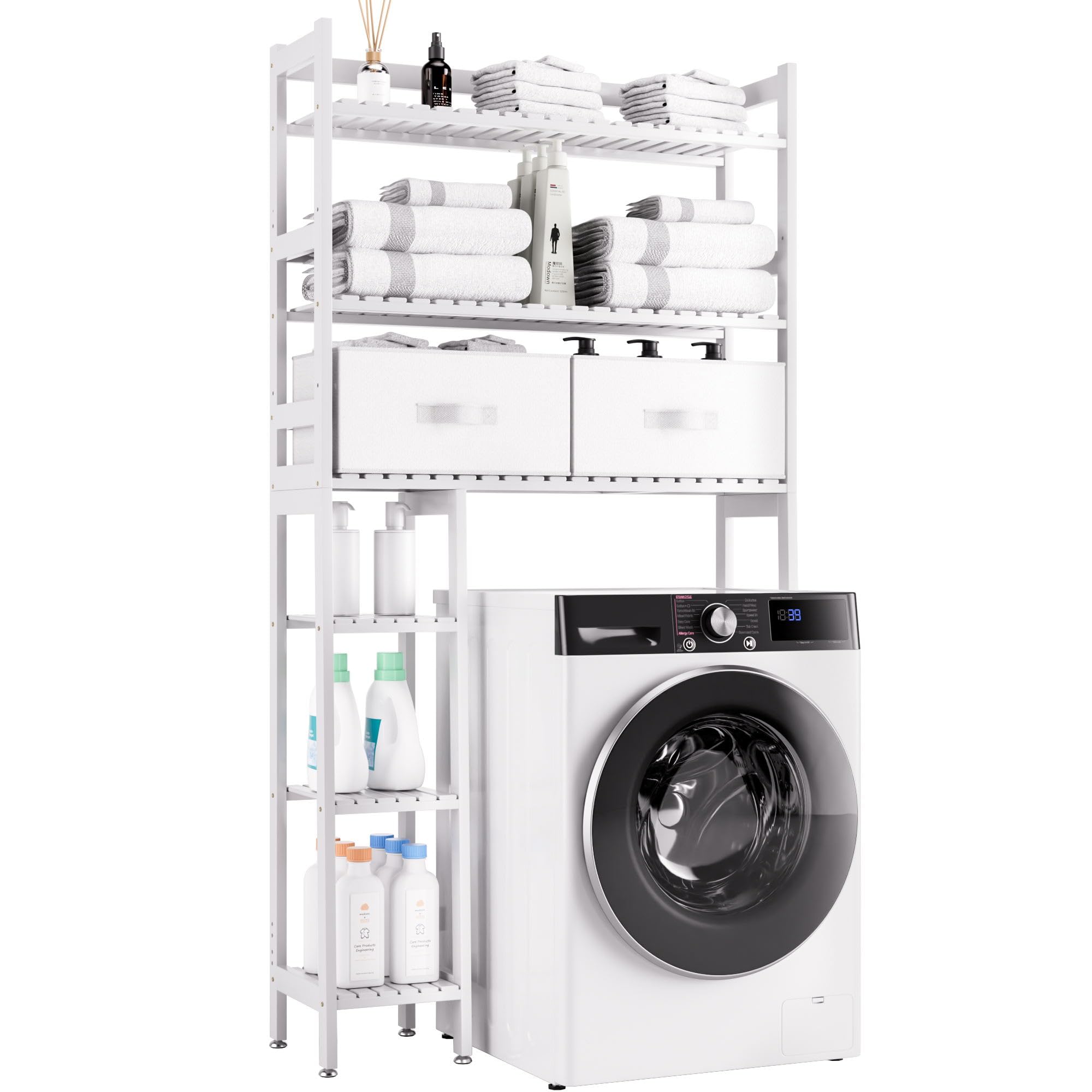 SMIBUY Over The Toilet Storage with Drawers, Large Bathroom Space Saver Organizer Rack, Freestanding Behind Toilet Stand with 6-Tier Shelf and Waterproof Feet Pad for Restroom, Laundry (White)