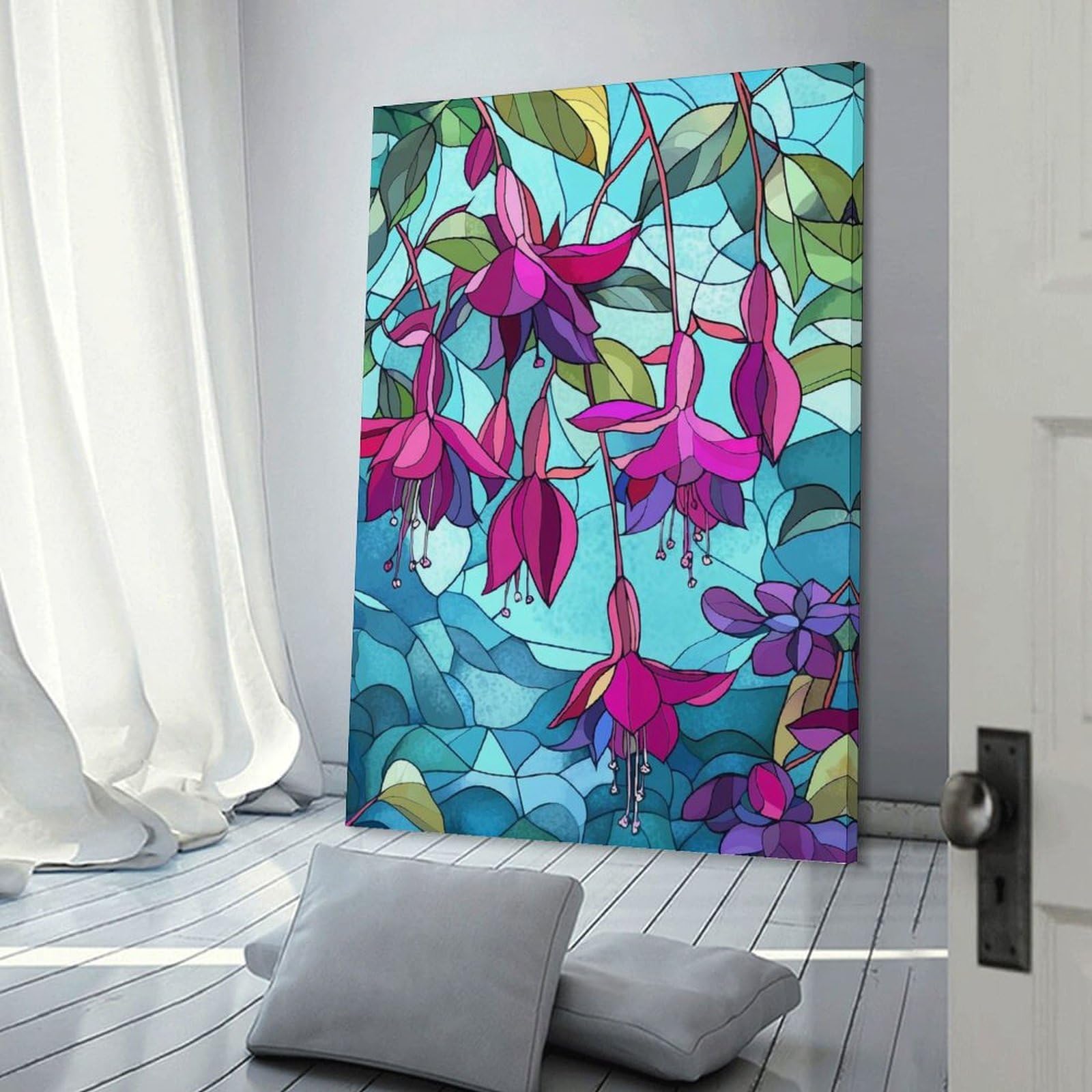 Junmoney Frame-Style-1-1 Fuchsia Flowers Stained Glass Room Decor Wall Art 24X36inch(60X90cm), For Bedroom, Guest Room Or Reading Nook, An Easy Wall Refresh For Bedrooms