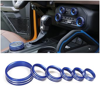 Air Conditioner Headlight Switch Knob Cover Trim for 2021 2022 2023 2024 2025 New Ford Bronco 2/4 Door Accessories Audio 4 Wheel Drive Trailer Gear Control Knob Aluminum Decoration 6P Blue