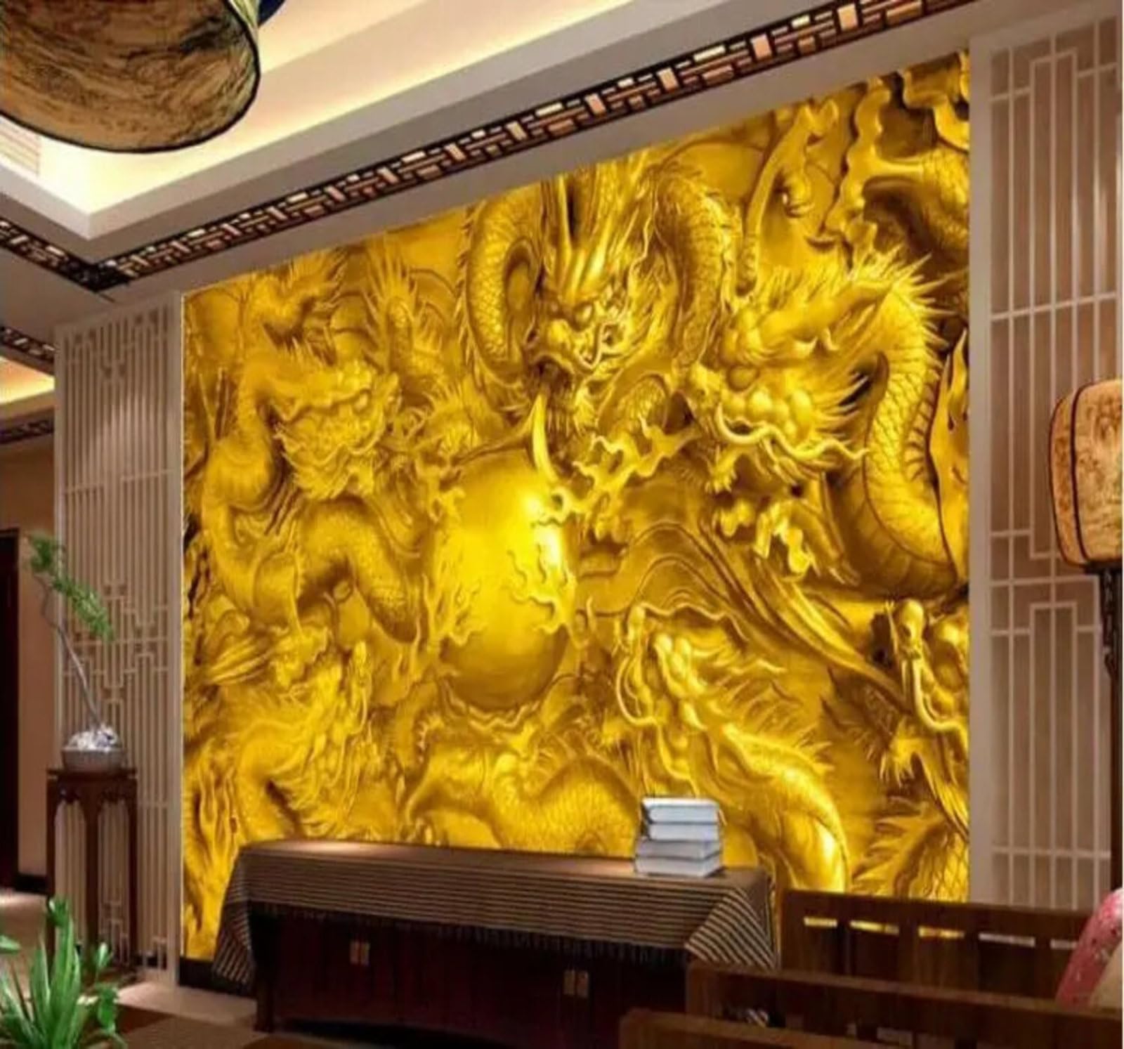 Wallpaper-3D-Xlm 150Cm×105Cm(B×H) Relief Gold Dragon Creative Unique 3D Wallpaper Easy Install Feature Office Living Room Sofa Bedroom Tv Background Wall Decoration-150Cm×105Cm