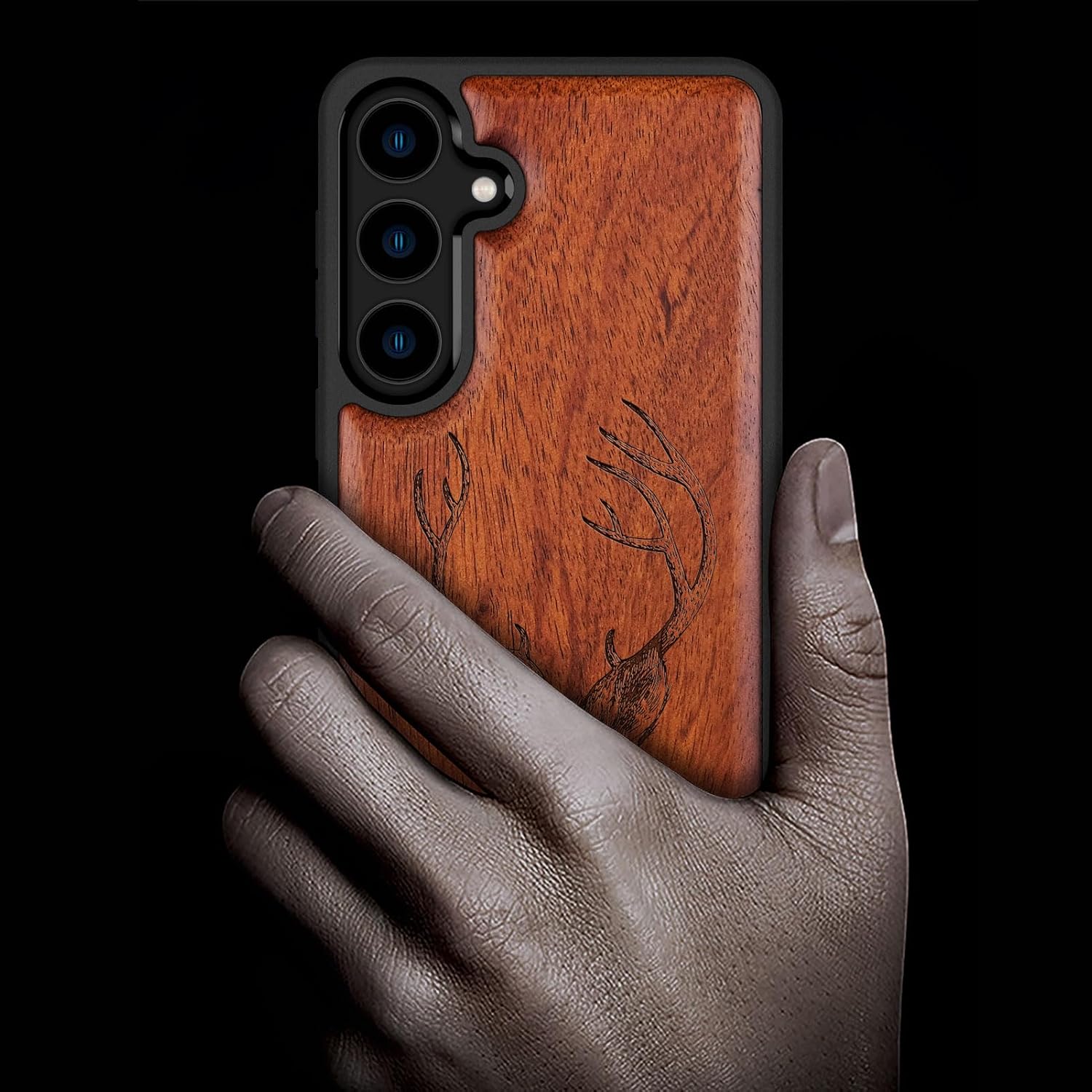 Carveit Wood Case for Galaxy S24 Case [Natural Wood & Black Soft TPU] Shockproof Protective Cover Unique Wooden Design Compatible with Samsung S24 (Deer Head-Rosy)
