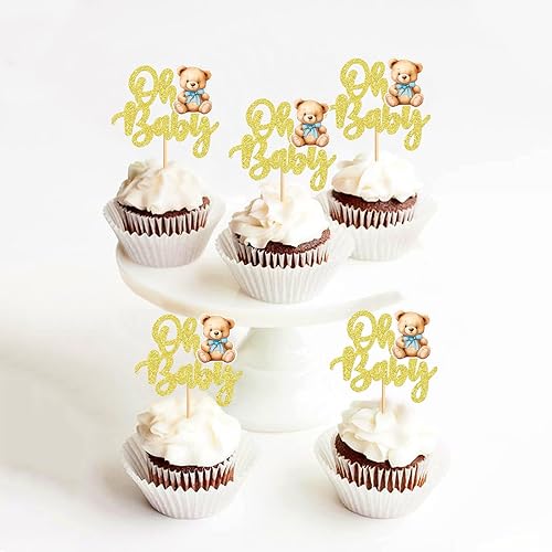 Miniatura 5 de 24 piezas con texto en inglés We Can Bearly Wait Oh Baby Cupcake Toppers Bear Cupcake Picks Caricatura Decoración de Cumpleaños Baby Shower Cake