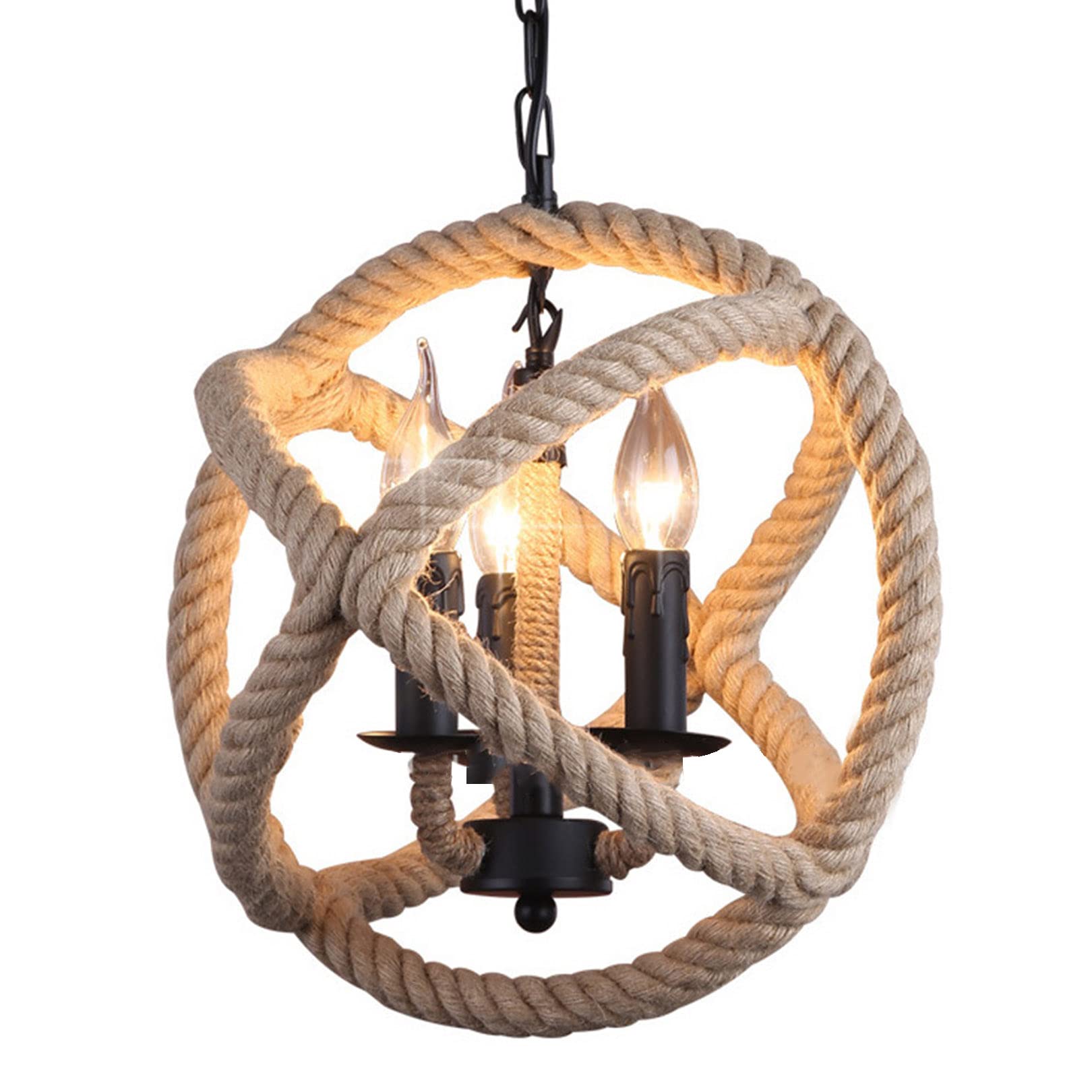Suspension boule en corde de chanvre style campagnard rétro à 8 lumières
