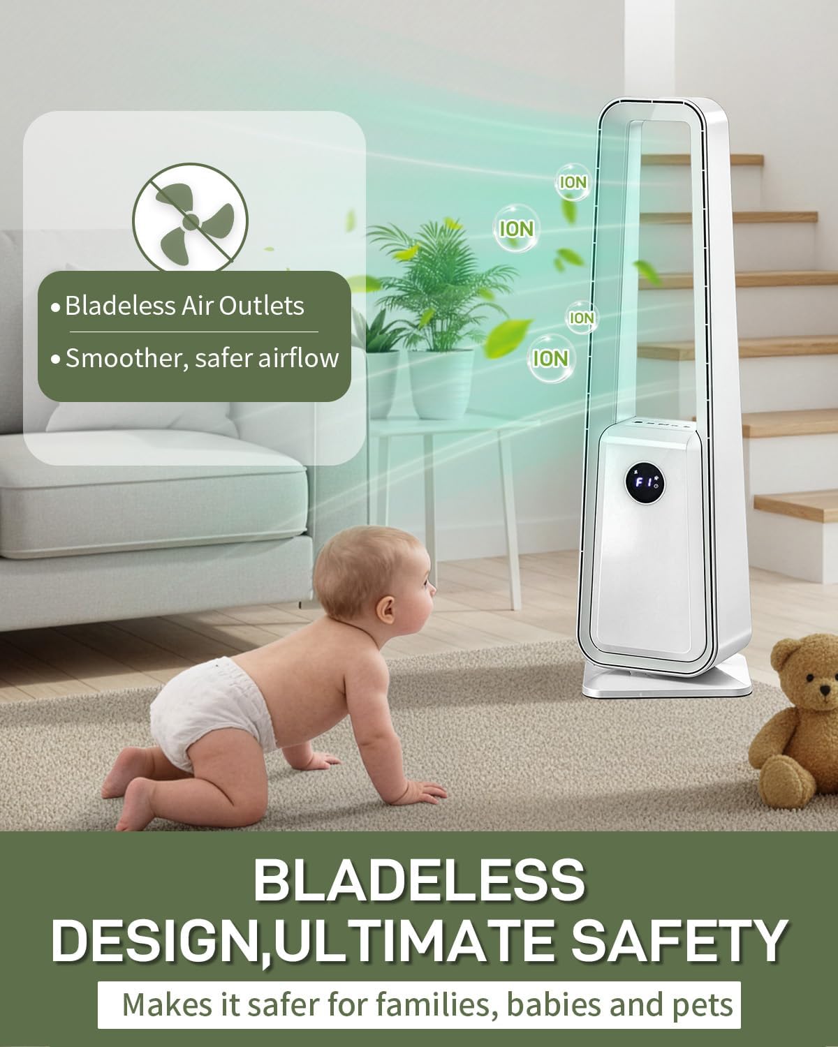 Winado 35" Bladeless Tower Fan, Portable Floor Fan with Remote Control, LED Display, Adjustable 60° Oscillating, 3 Speeds, 3 Modes & 12H Timer, Ultra-Quiet Cooling Fan for Home Office Bedroom