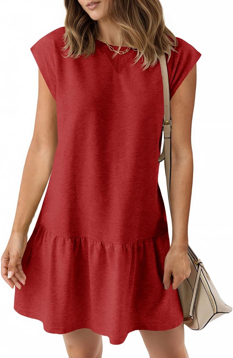 Wenrine Womens Summer T Shirt Dress Cap Sleeve Crewneck Ruffle Hem Dresses | Short Sleeve, Loose Fit, Casual, Teen Dresses, Short Sundress, Basic Simple, Cute, T-Shirt, A-Line
