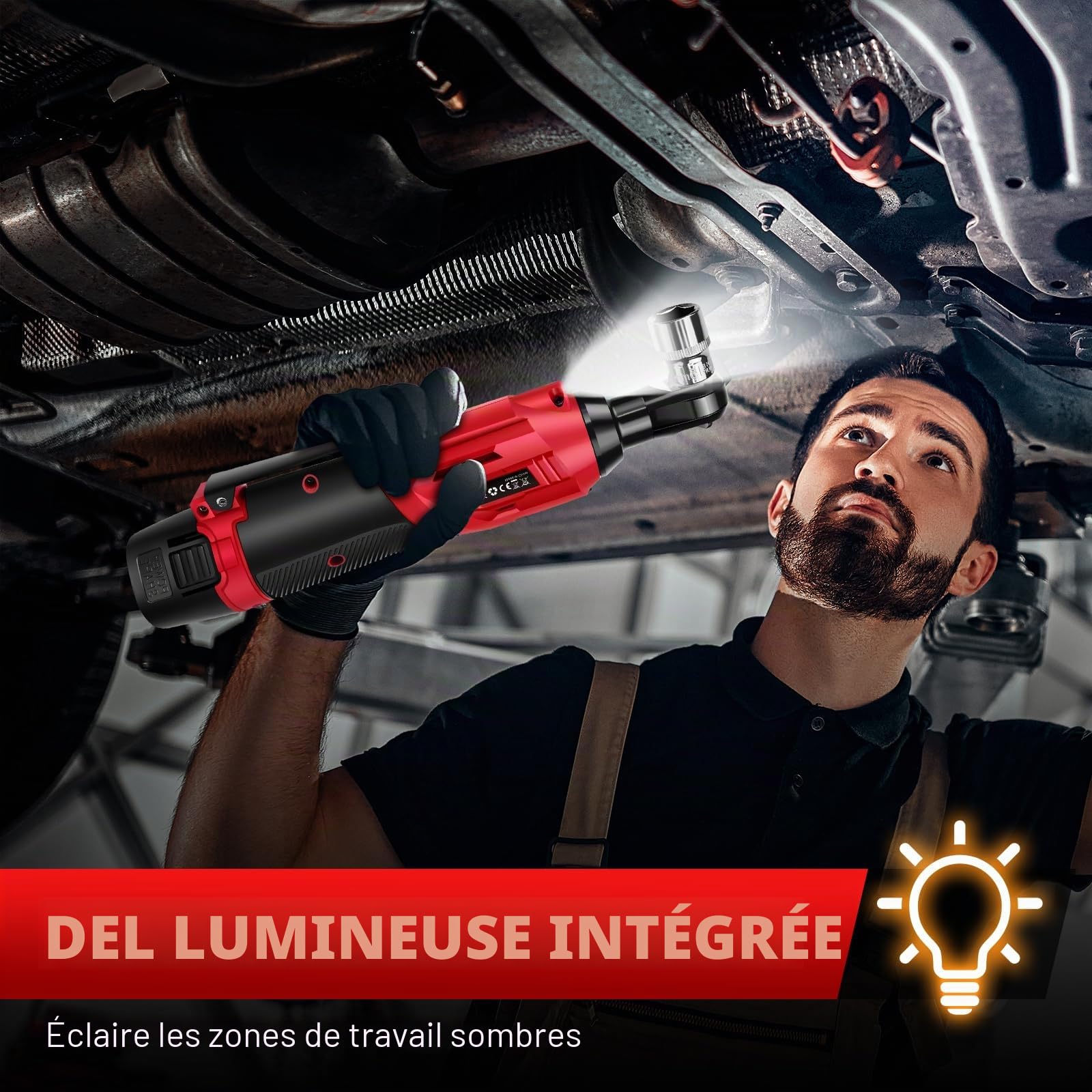 Clé à cliquet sans fil 40 N.m avec 2 batteries de 2000 mAh et charge rapide, clé à cliquet électrique, clé à cliquet sans fil 3/8" avec 7 douilles, pour réparation automobile et entretien des