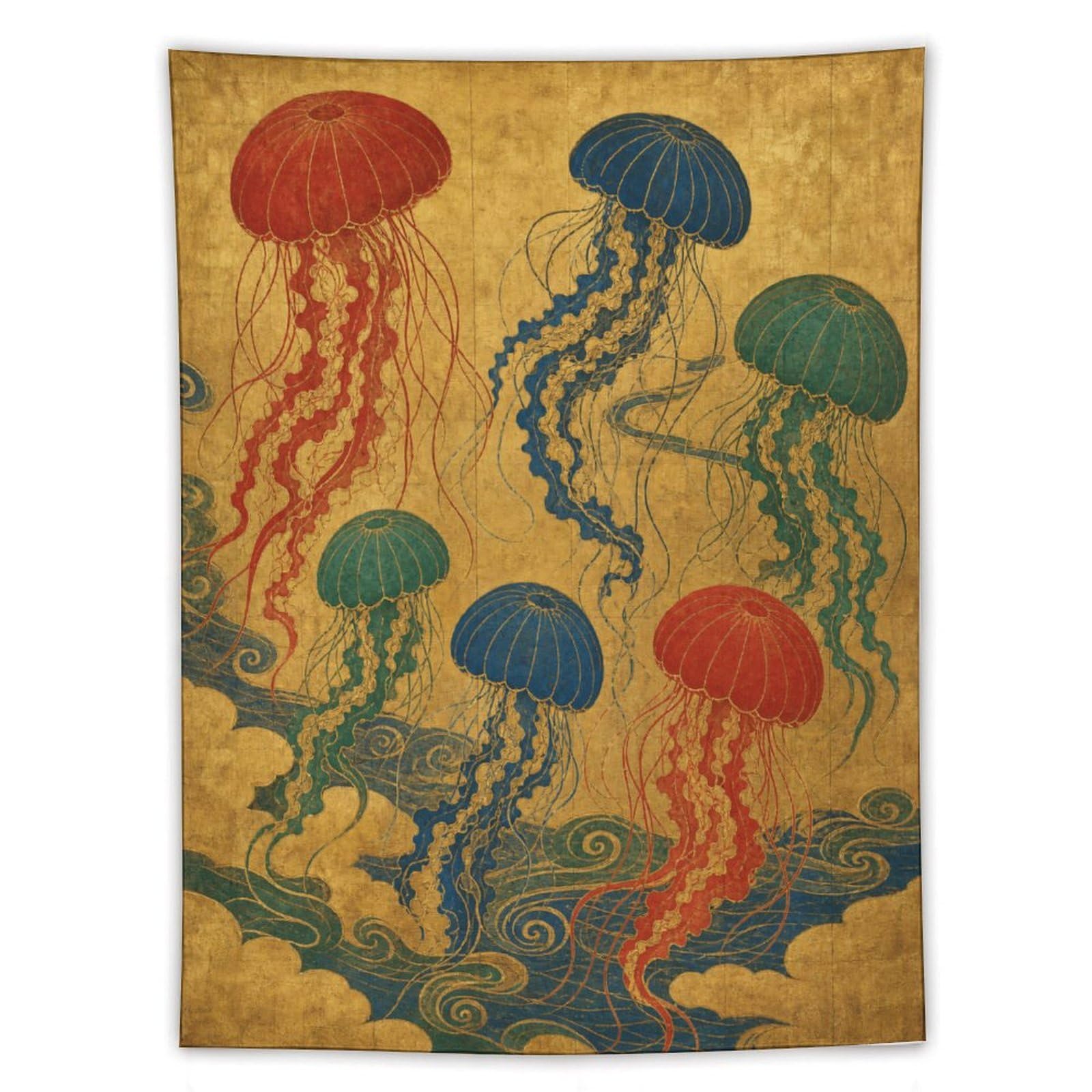 W7C8U2X3 Jellyfish Garden Wall Tapestry, Vintage Poster Style, Sofa Area