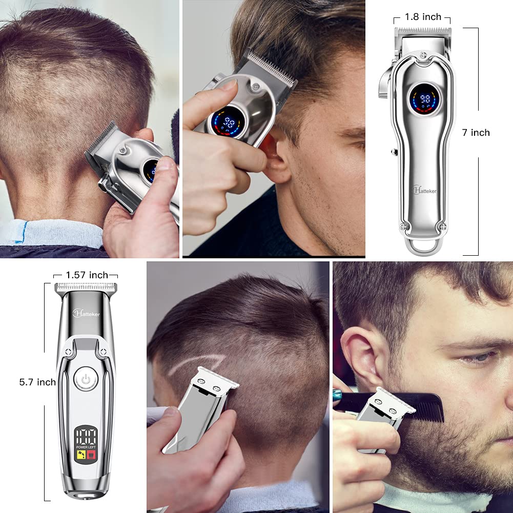 Hatteker Tondeuse à cheveux pour homme IPX7 - Étanche - Kit de coupe de cheveux professionnel - Sans fil - Rechargeable - Lame en T - Avec écran LED