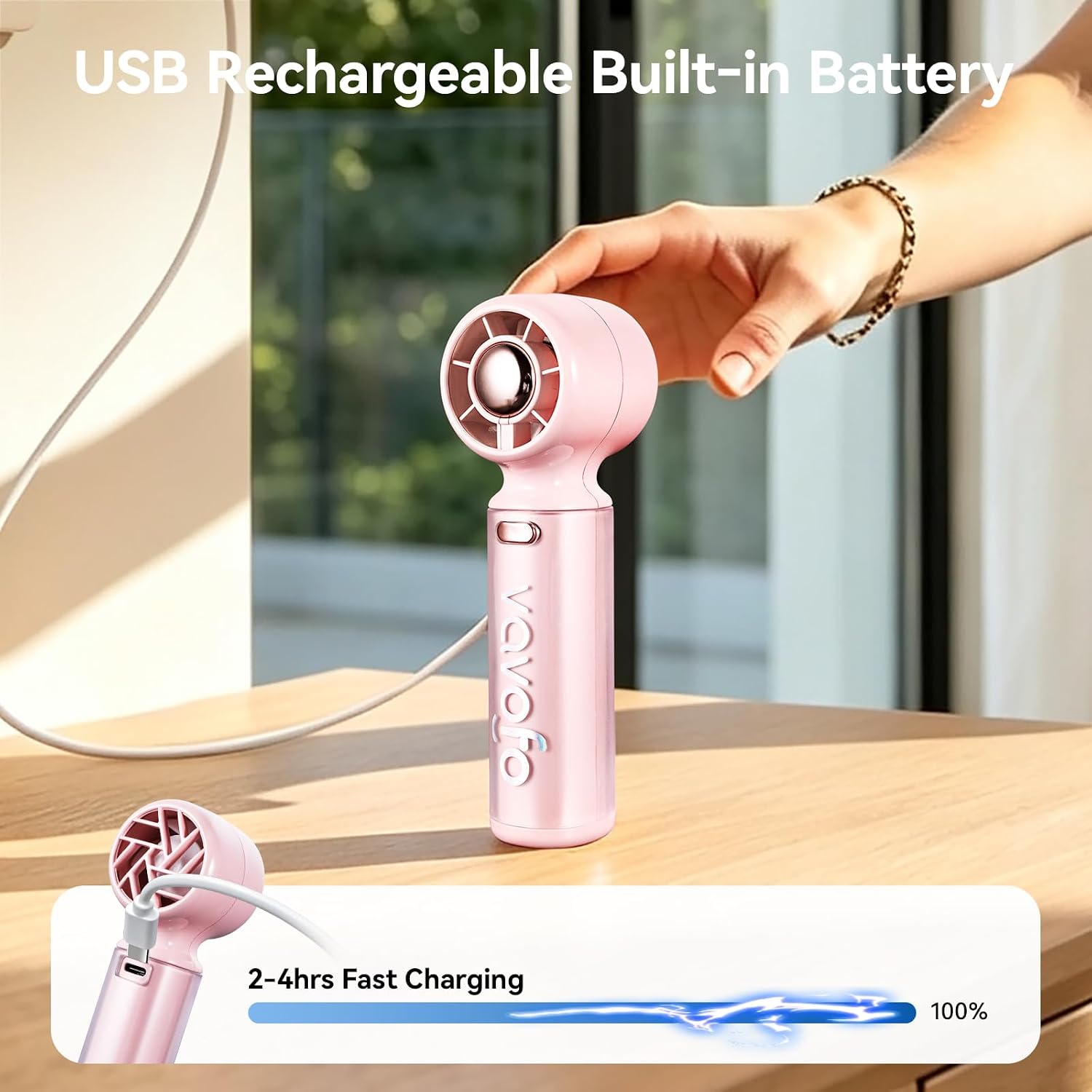 VAVOFO Handheld Mini Fan, USB Rechargeable Personal Fan, 3 Speed Adjustable Small, Lightweight Cooling Fan for Outdoor Travel, Makeup, Gift for Girls Women - Pink