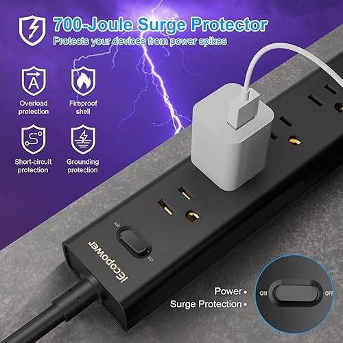 Miniatura 5 de Paquete de 2 protectores de sobretensiones con 5 enchufes ampliamente espaciados, 3 puertos USB (1 puerto USB C), 1250 W10 A con cable de extensión