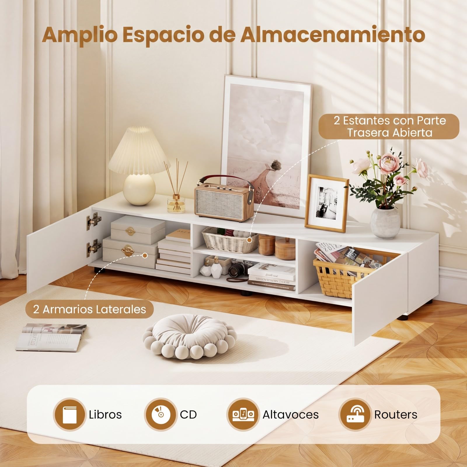 COSTWAY Mueble para TV de hasta 70 Pulgadas, 160x35x30 cm (Blanco) | Mesa de TV con Estantes Abiertos, Compartimentos, Puertas y 6 Patas de Apoyo,Centros Multimedia, Mueble Television para Salón