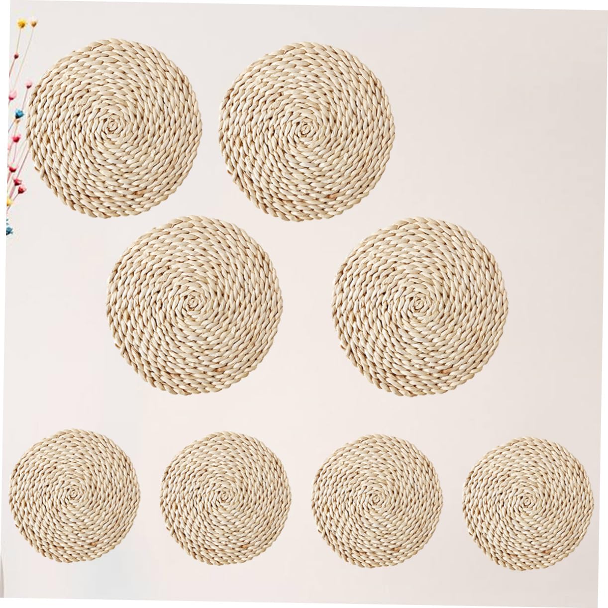 8 pièces Set de Dessous Plats Ronds Paille Naturelle Épais et Isolants Thermiques Protège Table pour Tasses Bols Assiettes Beige de Chaque