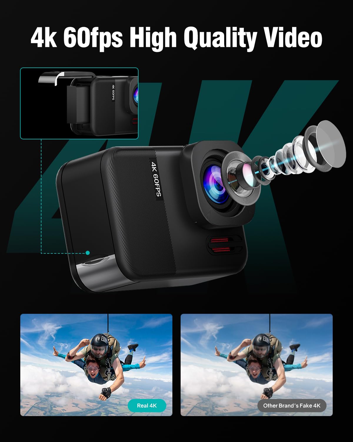 4K60fps Fotocamera Subacquea- Metallo nudo Telecamera sott'acqua 10M con 64G SD Card, HD 48MP Touchscreen Action Cam 6-Axis Stabilizzazione, WIFI Videocamera 8X Zoom Con Casco Accessori