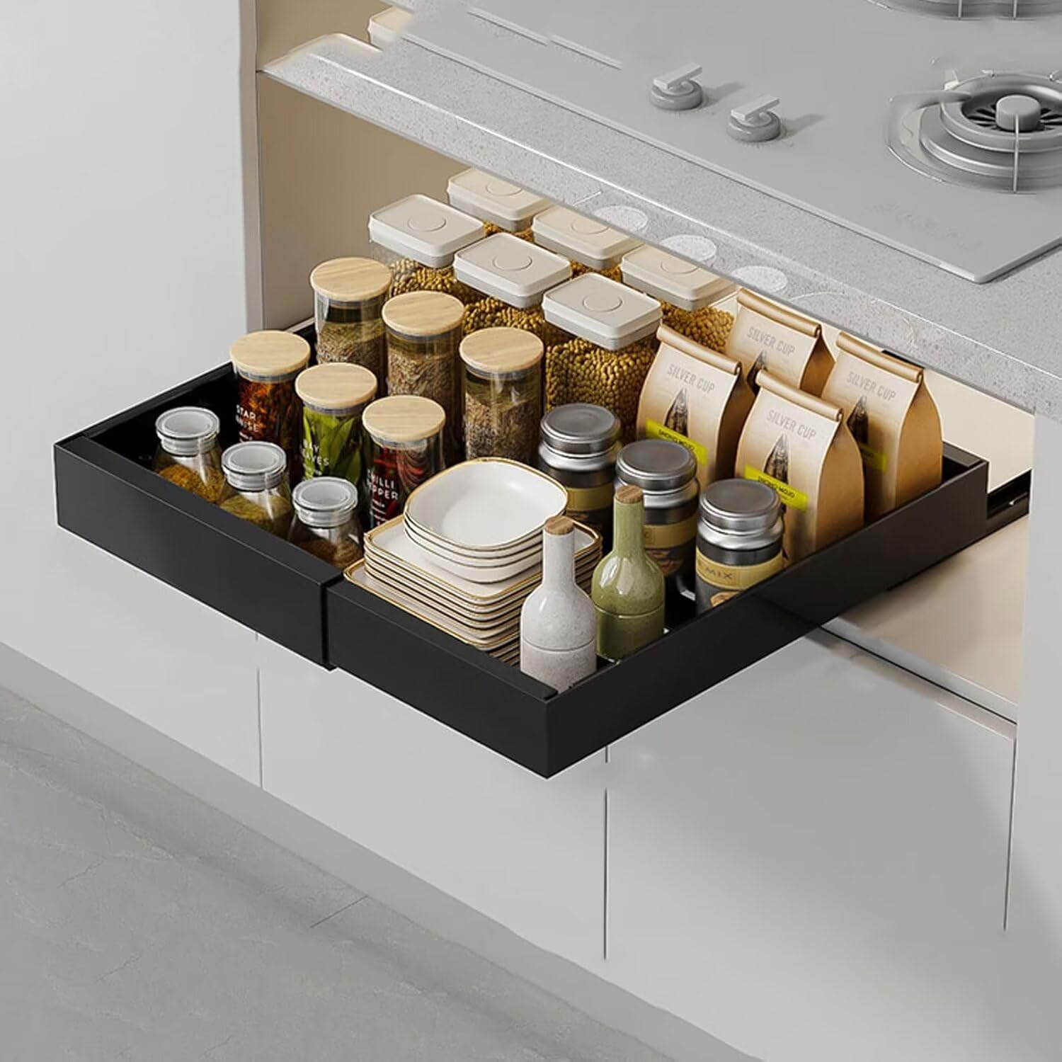 Estante extraíble de cocina ajustable con sistema deslizante versátil
