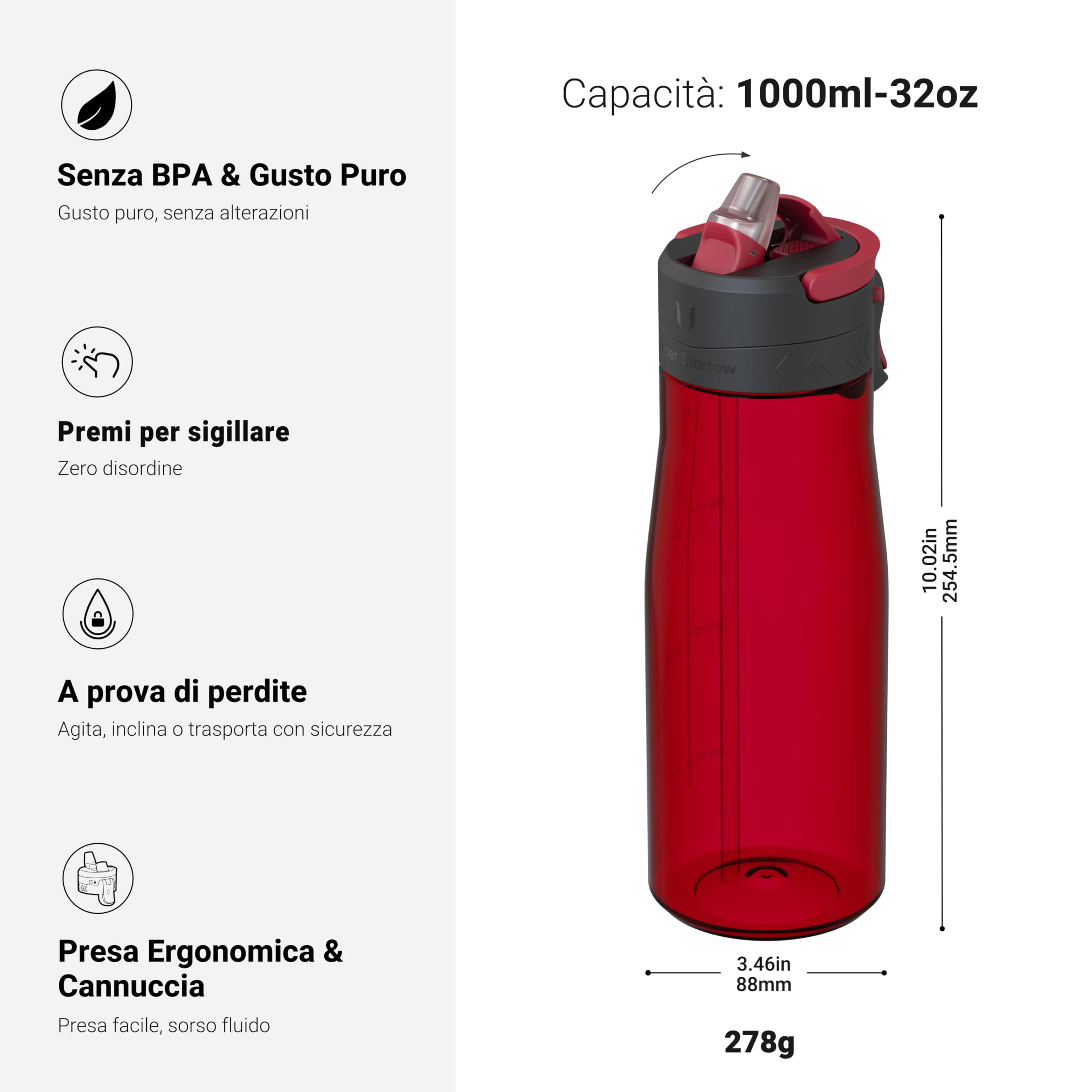 Sparrow Borraccia - 500ml, 750ml, 1L - TouchFlow Bottiglia Senza BPA - Senza Perdite Borraccia Cannuccia - Borracce Sportiva Flusso Rapido Con Un Clic per Scuola, All'aperto