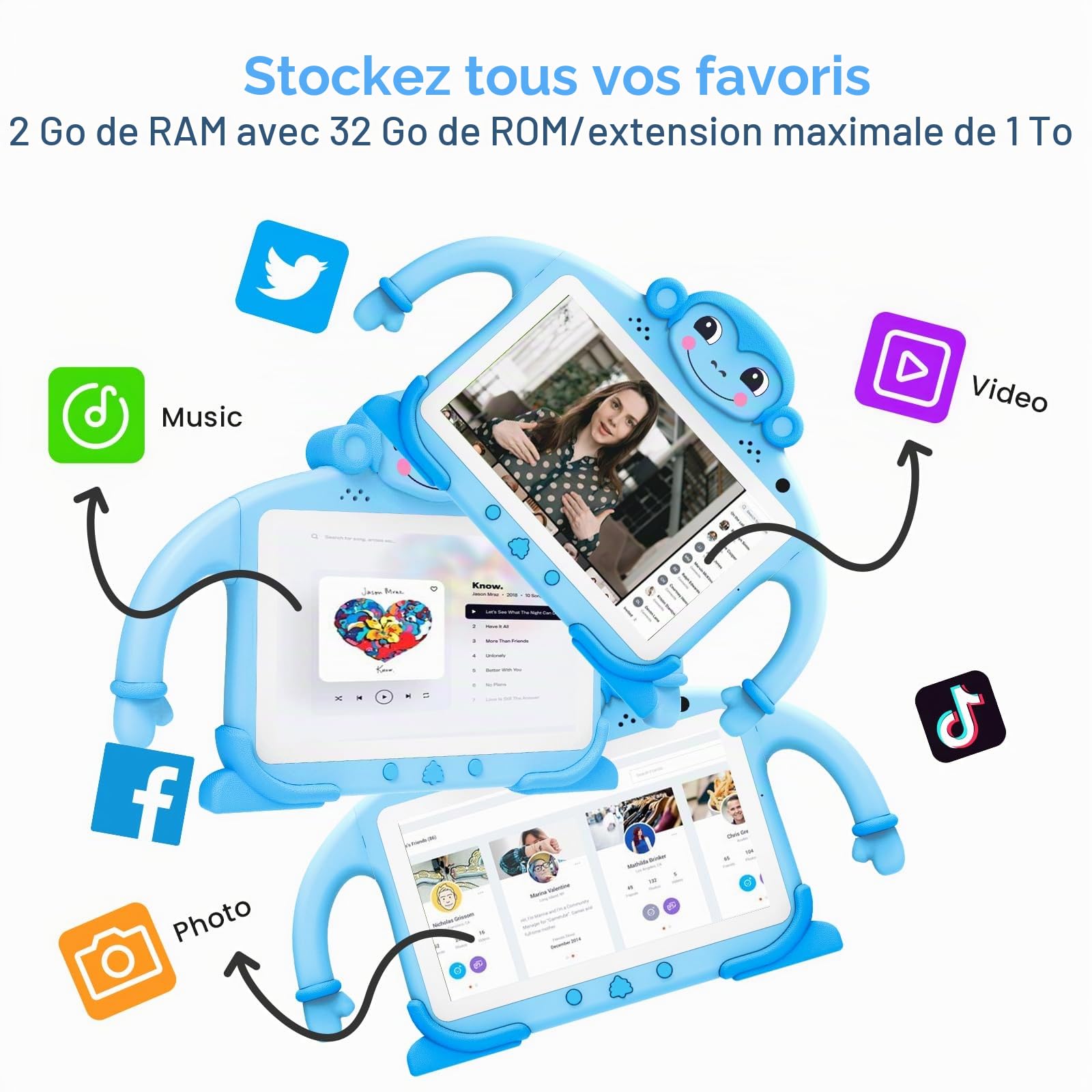 Tablette pour Enfants 7 Pouces Android Tablet PC Tactile Tablette Enfant avec WiFi Double Caméra écran IPS HD Bluetooth, Logiciel Enfant Pré-Installé Quad Core 32Go ROM Kids Tablet Educative (Bleu)