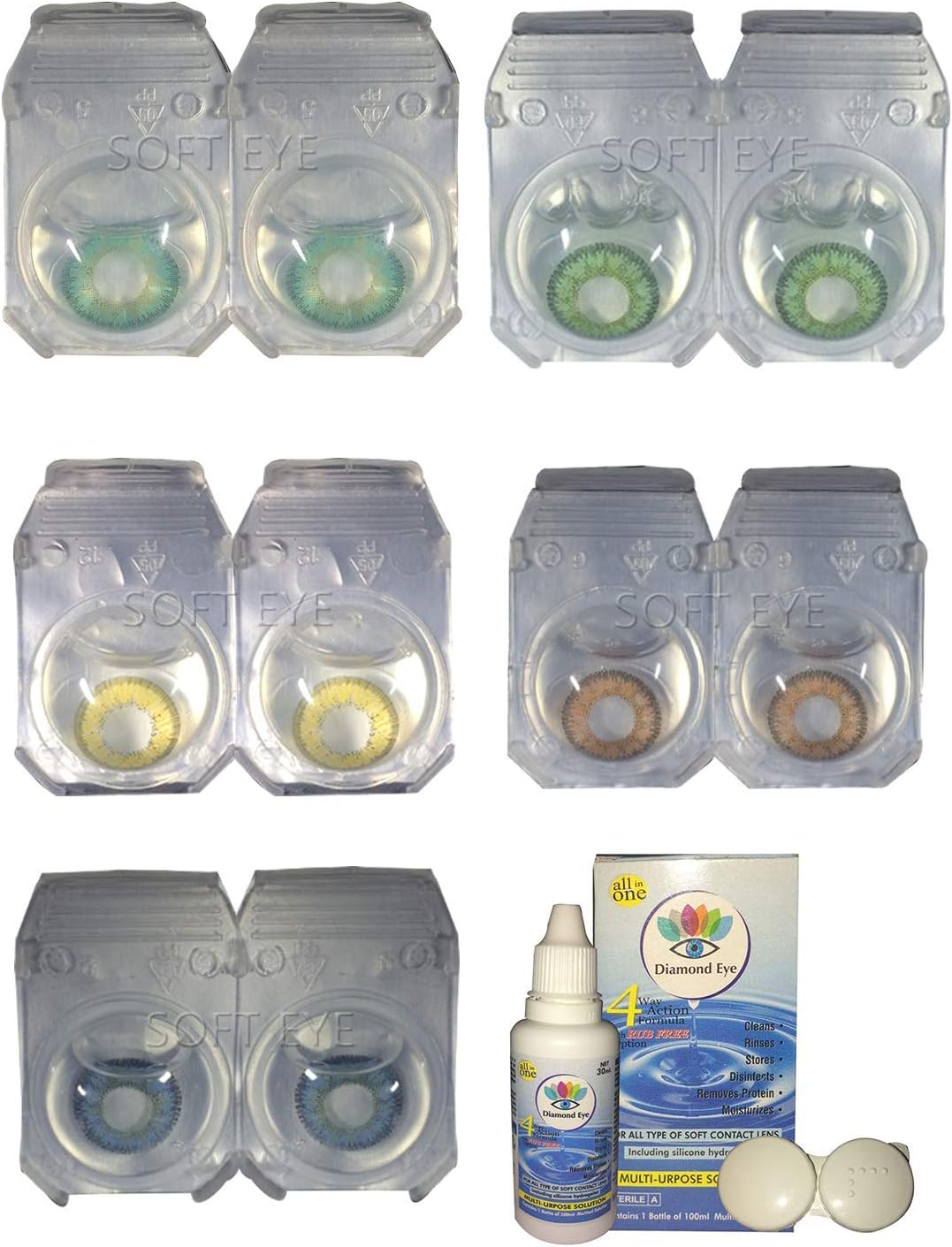 Crystal Eye Combo Pack of 5 Pair Monthly Colored Contact Lens Zero Power with Lens Case Aqua-Green-Hazel-Honey-Blue
