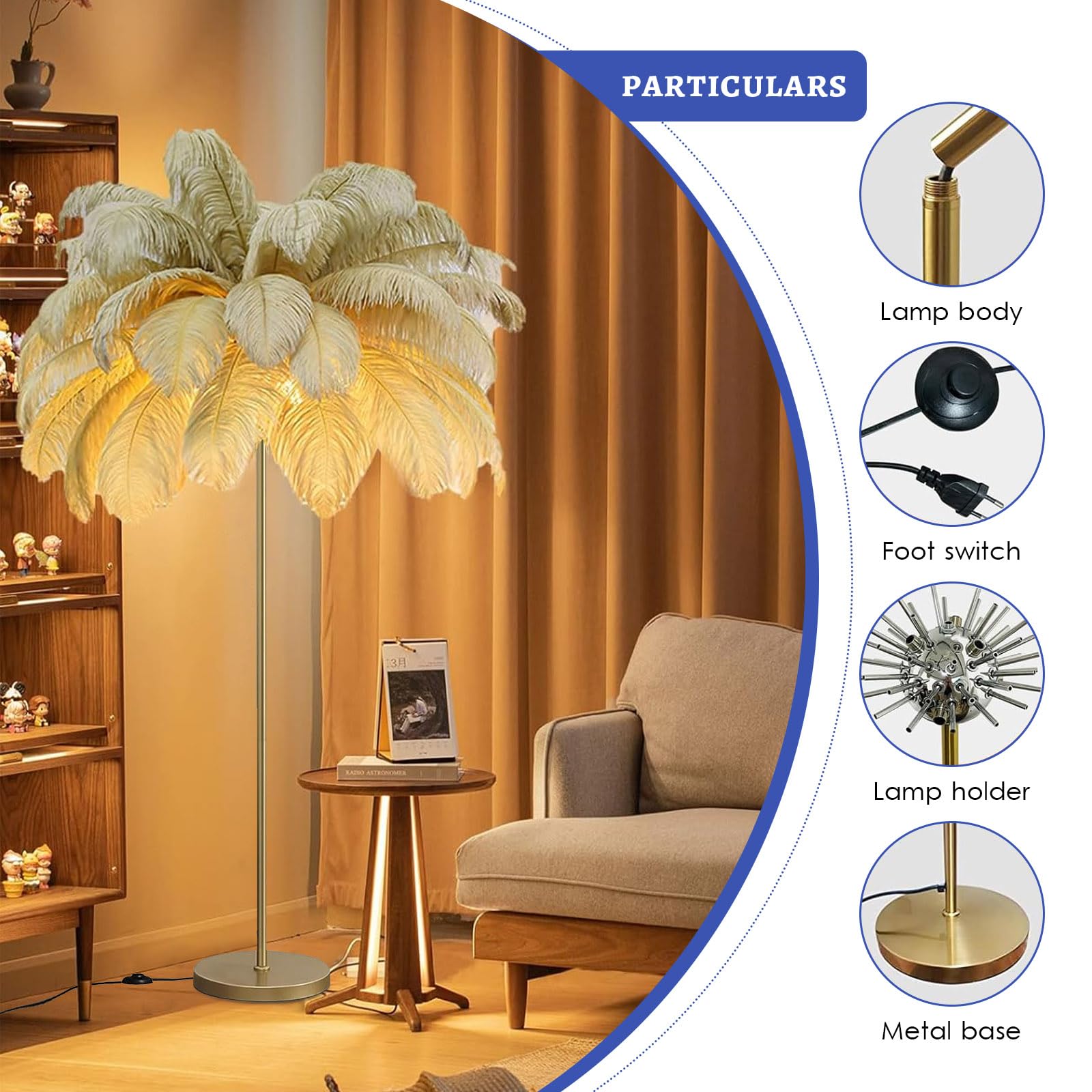 ANram Veer vloerlamp 160 cm met G4-led-lamp, staande lamp met veer en voetschakelaar, elegante struisvogel natuurlijke veren vloerlamp voor slaapkamer, woonkamer zwart