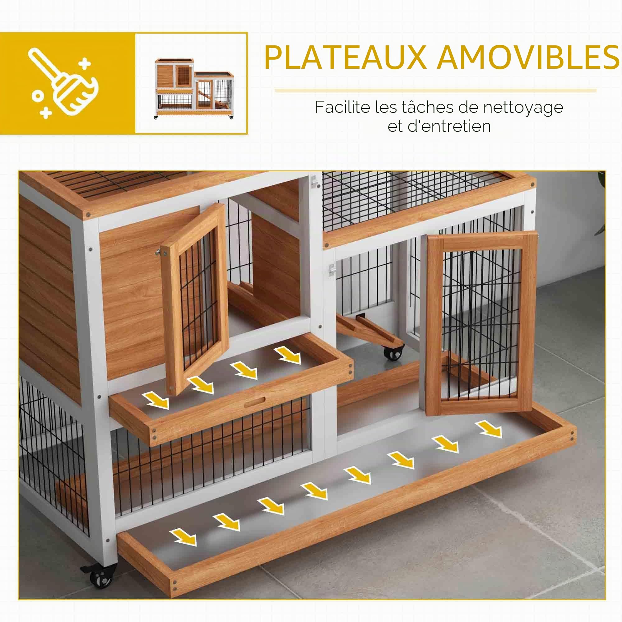 PawHut Cage en bois pour lapins à 2 niveaux avec roues, portes, rampe d’ouverture et 2 plateaux amovibles, clapier pour intérieur 110x50x88 cm naturel et blanc