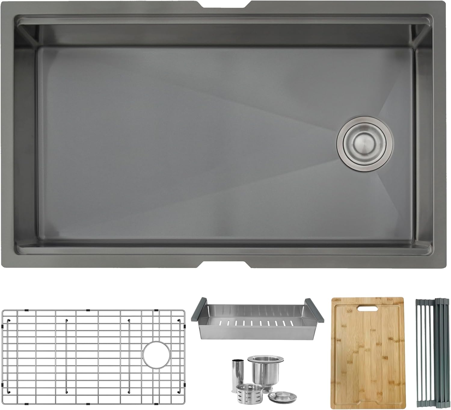 Stylish 33 x 19 Inch Workstation Sink 16G Stainless Steel Single Bowl Graphite Black Kitchen Sink with Grid Basket Strainer Colander Drying Rack and Cutting Board, S-613WN