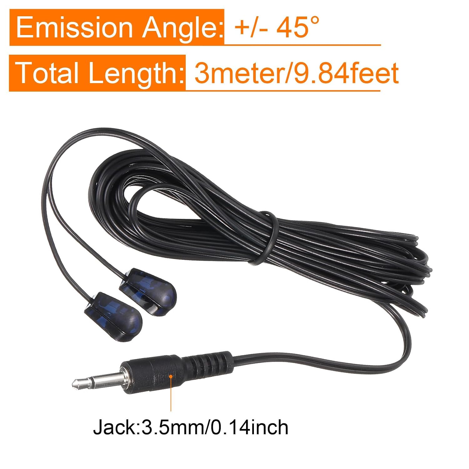 MECCANIXITY IR Infrared Emitter Sensor Receiver,Extension Cable 9.8 Feet Long 3.5mm Jack 2 Black Head Pack of 1