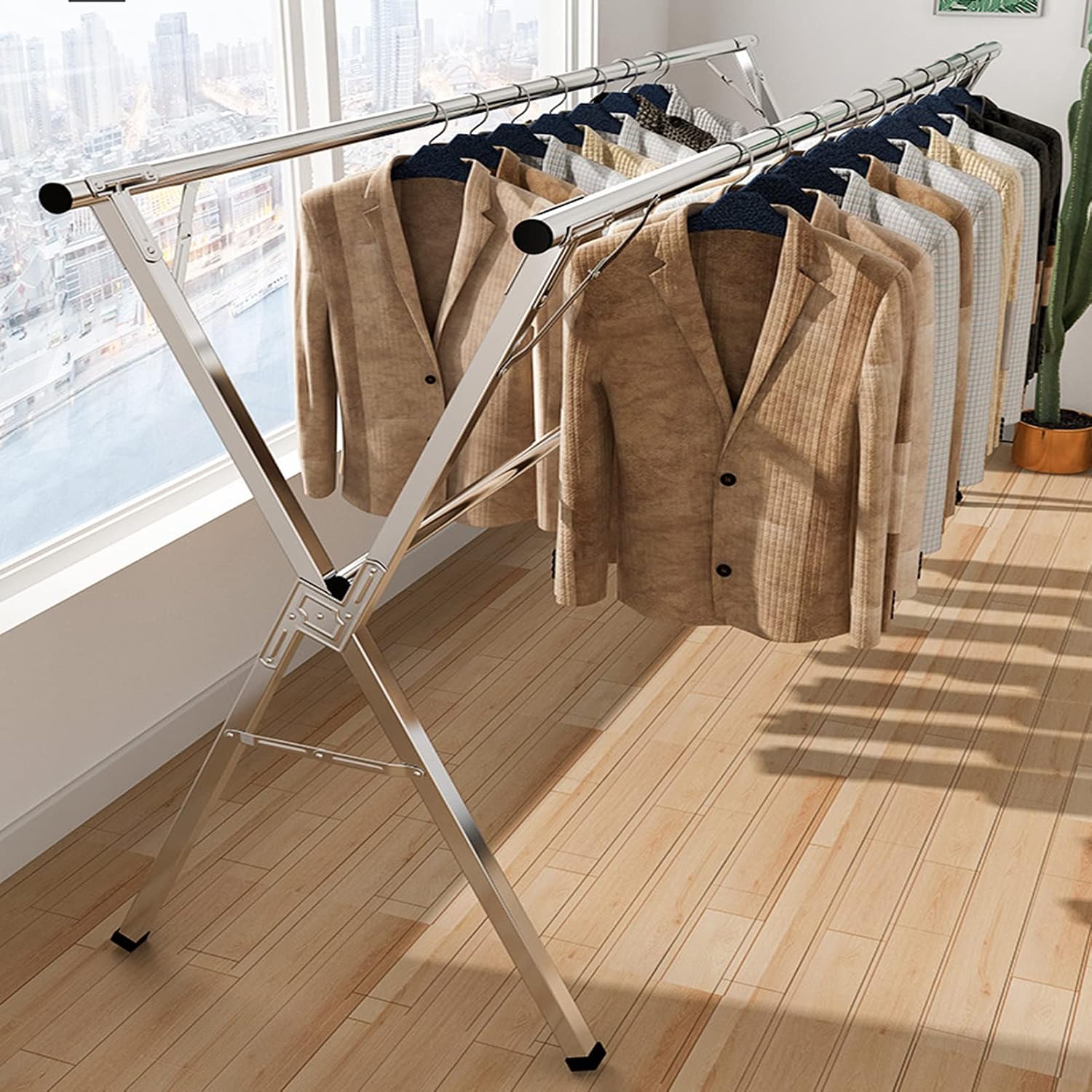 Heavy Duty Stainless Steel Clothes Drying Rack, Foldable & Collapsible Laundry Drying Stand with Windproof Hooks for Indoor/Outdoor Use, 1.5m Space-Saving Solution