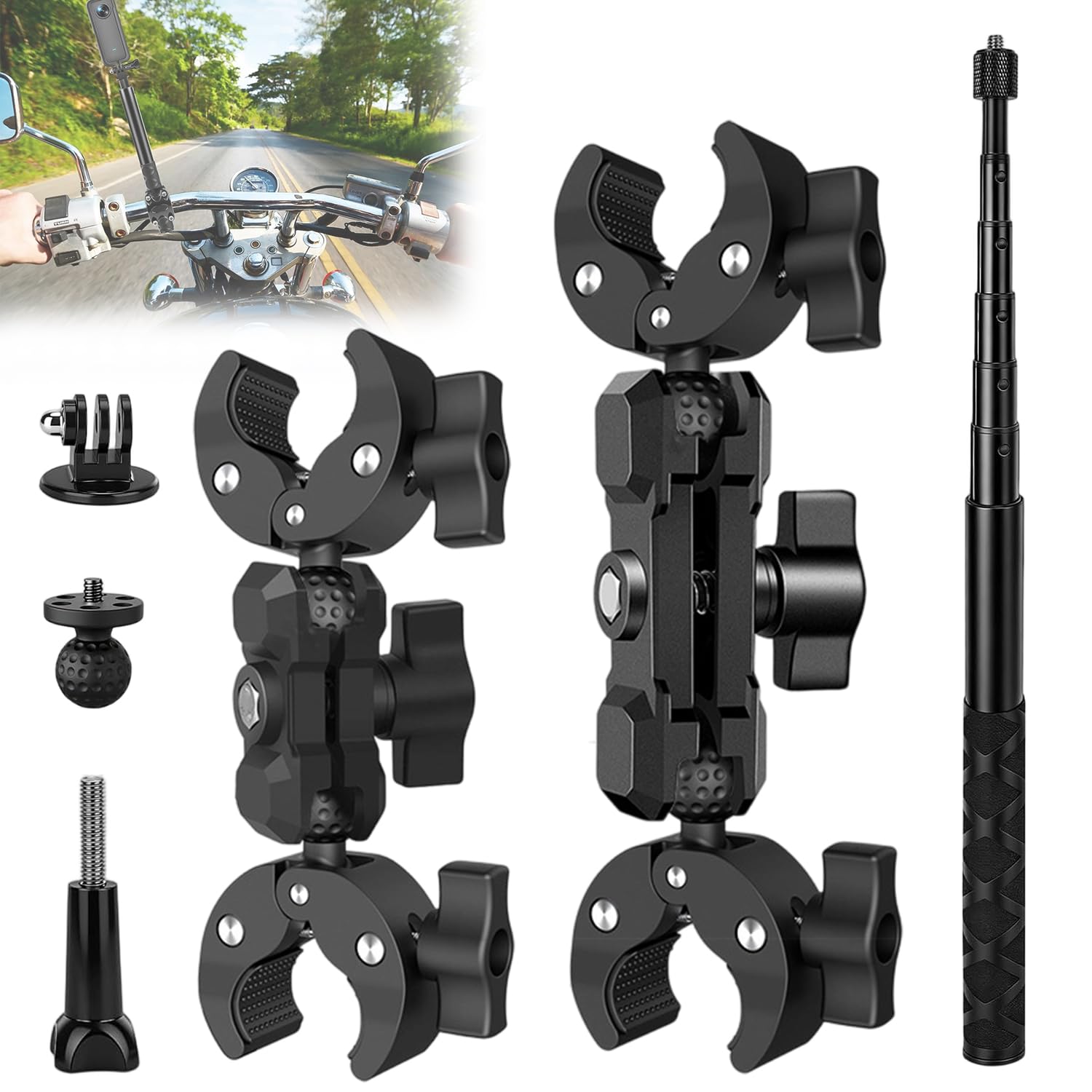 Support Moto pour Insta360 X5 X4, Support de Guidon de caméra d'action avec Perche Selfie Invisible 120cm et Double Pince Accessoire, Support Caméra d'action, Compatible avec Plusieurs Appareils