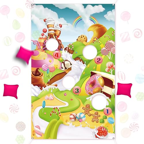 Blulu Juegos de lanzamiento de tierra de bastón de caramelo con 3 bolsas de frijoles, juego de lanzamiento de cono de helado, decoración de pared