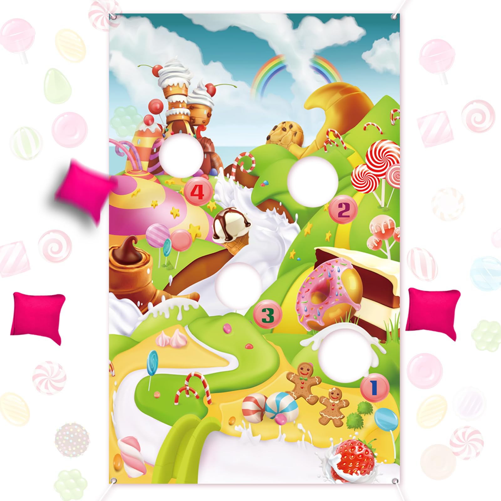 Blulu Candy Cane Land Toss Games With 3 Bean Bags, Ice Cream Cone Toss Game, Sweet Adventures Theme Wall Decoration for Lollipop Party Supplies, Christmas Gingerbread Candy Wonderland