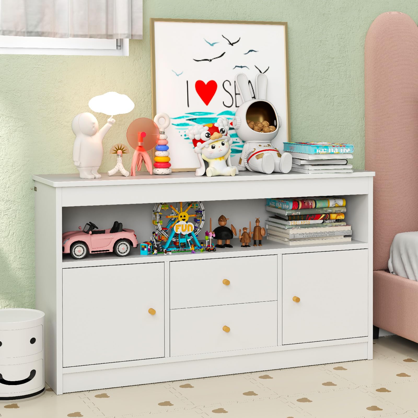 COSTWAY Spielzeugschrank Kinder, Kinderregal aus Holz, Kinderschrank mit 2 Schubladen & 2 Türen, Spielzeug-Organizer Aufbewahrungsschrank für Kinderzimmer, Schlafzimmer, 106 x 30 x 62 cm (Weiß)