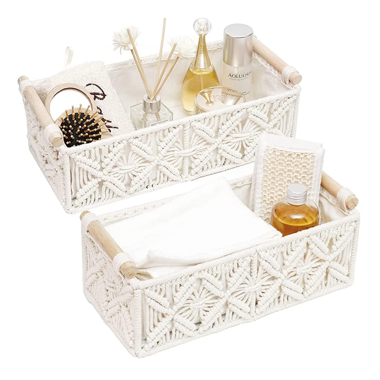 KAAHIRA Set of 2 Macrame Storage Basket with Wooden Handles | Boho Home Decor Storage Baskets Tray Cotton Lined for Organizing | Hamper Basket for Gifting (Off-White)