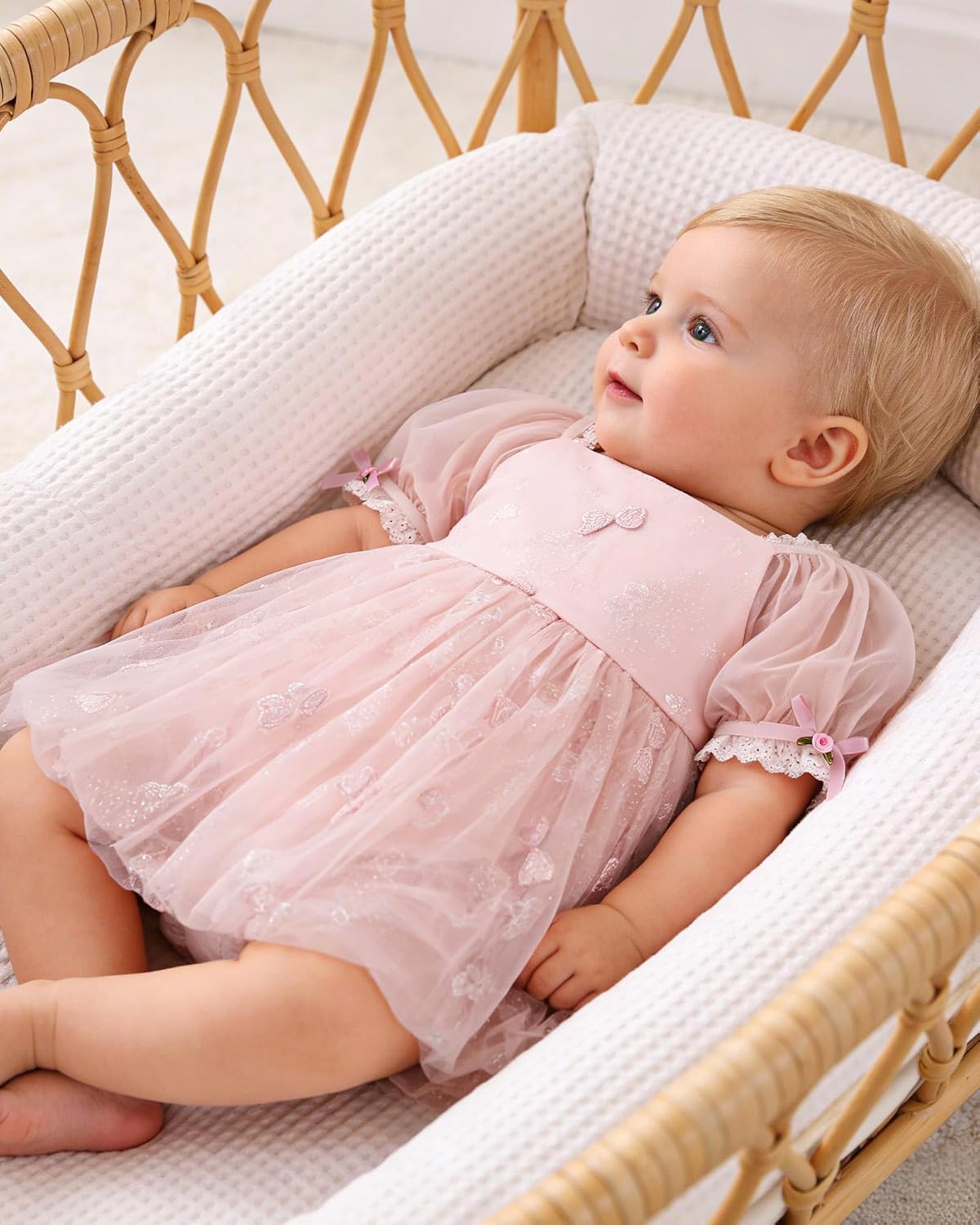 YALLET Baby Girl Dress Embroidery Tulle 1st Birthday Girl Outfit Puff Sleeve Lace Tulle Romper Newborn Dress for 0-24 Months image 4