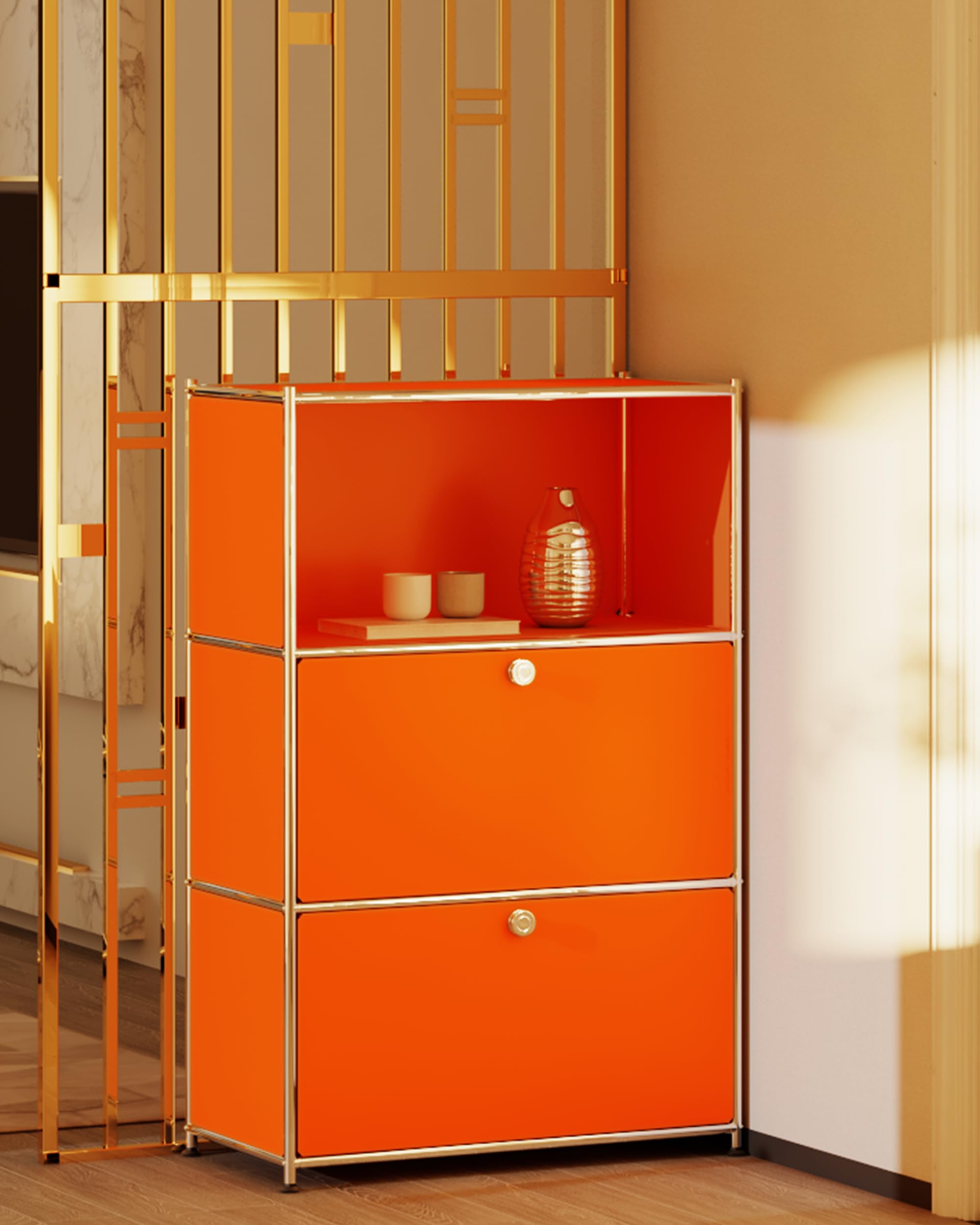 Scaffale in metallo con 2 ante pieghevoli, grande capacità, stile moderno fai da te, ideale per casa, ufficio, cucina, ingresso o corridoio (arancione opaco)