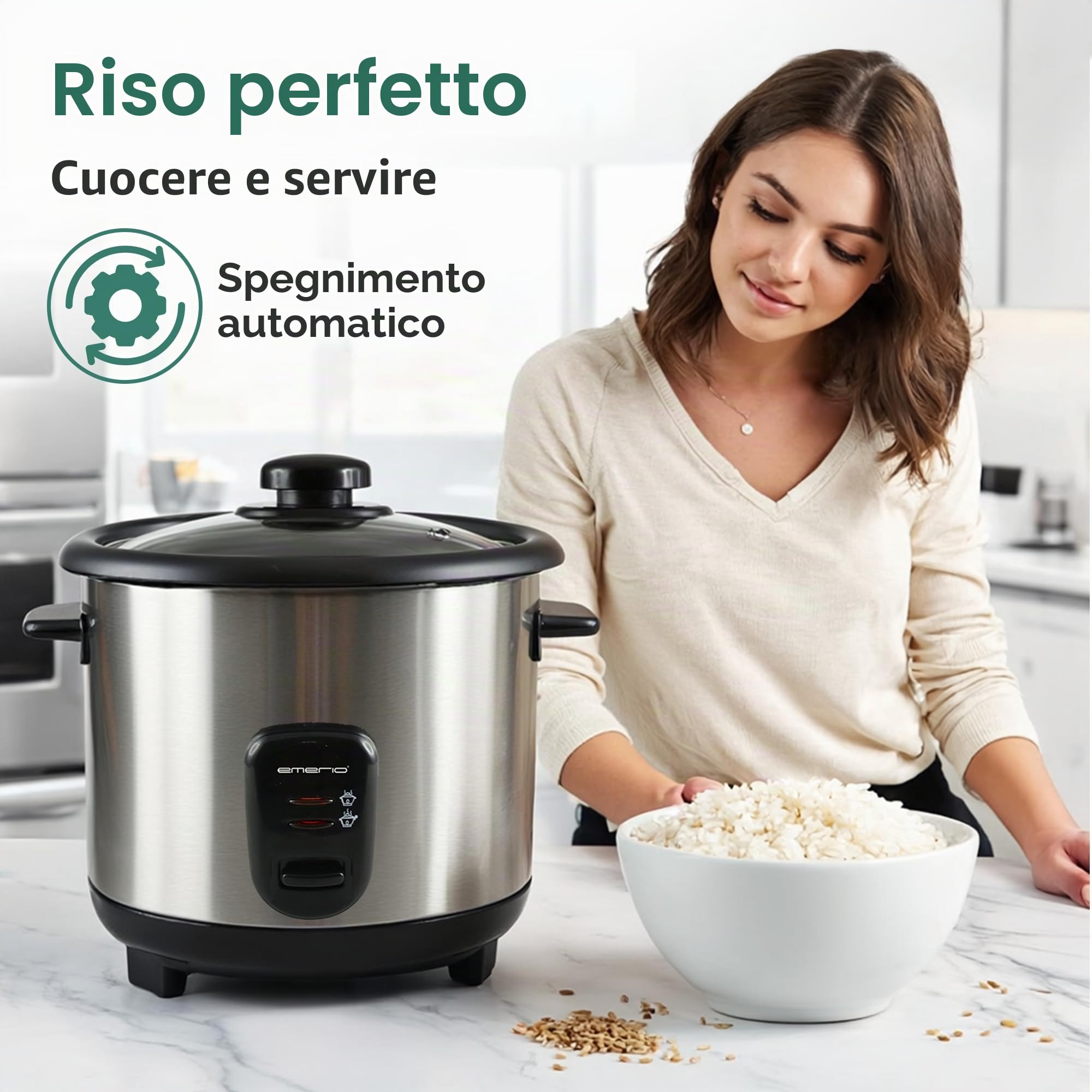 EMERIO Cuociriso automatico Eco | volume 1,5 l | funzione di mantenimento del calore | spegnimento automatico | rivestimento antiaderente | coperchio in vetro | con cucchiaio di riso + misurino |