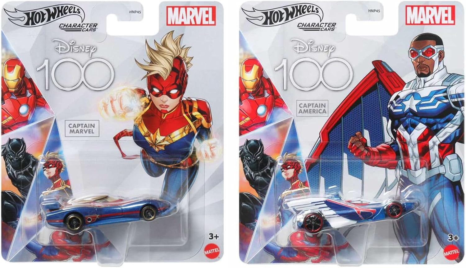 Hot Wheels Disney 100 Marvel Character Cars, Captain America and Captain Marvel, Bundle of 2 Collectible Die-Cast Vehicles