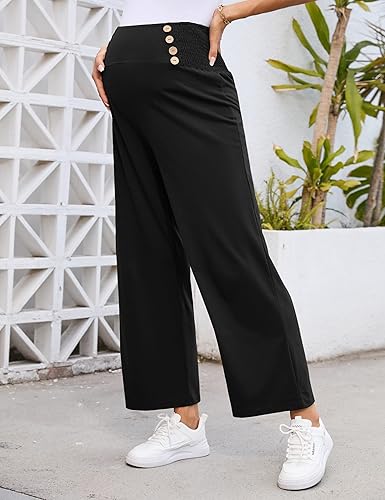 Miniatura 4 de Pantalones de maternidad para mujer, de cintura alta, con doble botonadura y pierna ancha, pantalones largos sueltos para embarazo, pantalones de
