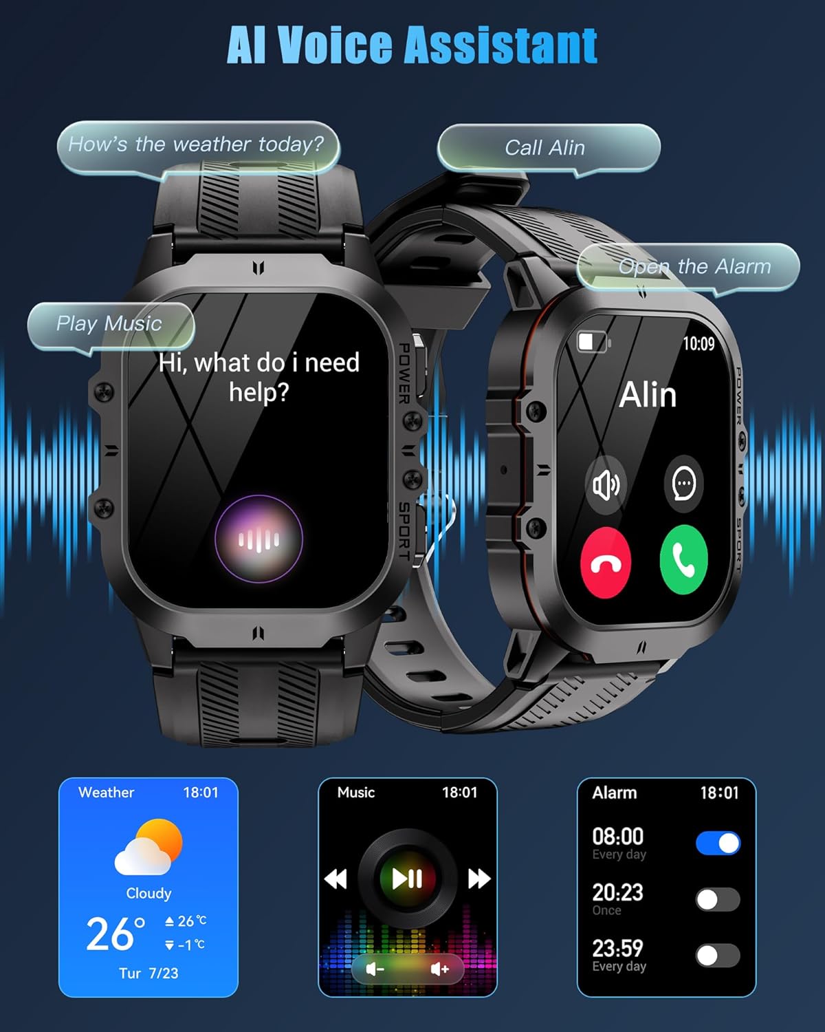 Smartwatch showing AI Voice Assistant, Music, and Alarm features