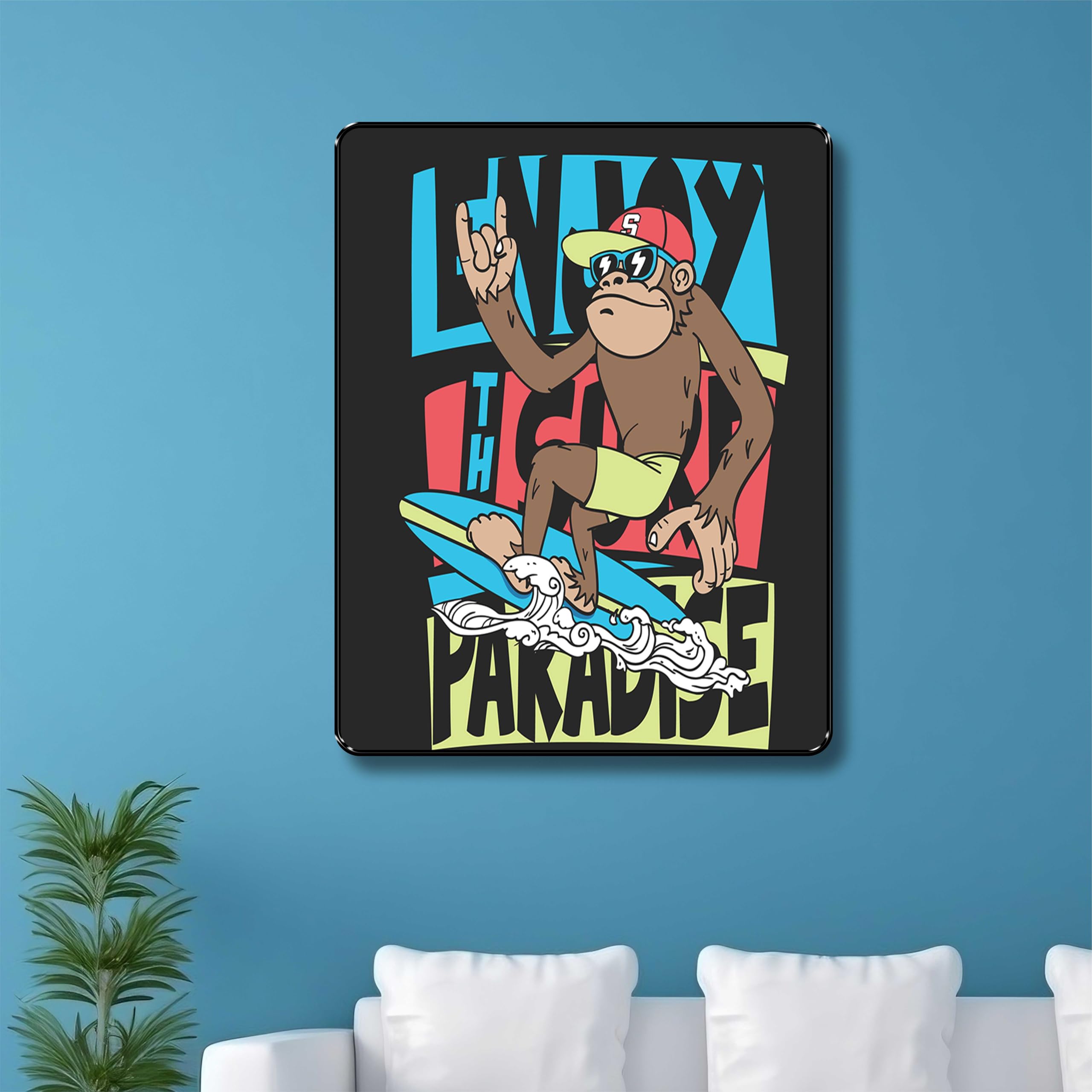 Skateboarding Monkey Art Print | Live The Paradise Art Print | Cool Cartoon Surf Skate Artwork for Bedroom Living Room Kids Room Modern Wall Decor (14 x 11 Inch) Art-K-32861