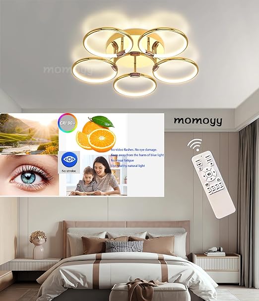 MOMOYY Moderne LED Plafondlamp Goud Dimbare Plafondlamp Grote Woonkamer Licht Galvanisch Proces Plafondlampen Met Afstandsbediening Verlichting Energiebesparende Lamp Voor Slaapkamer Eetkamer (5 koppen) photo 3