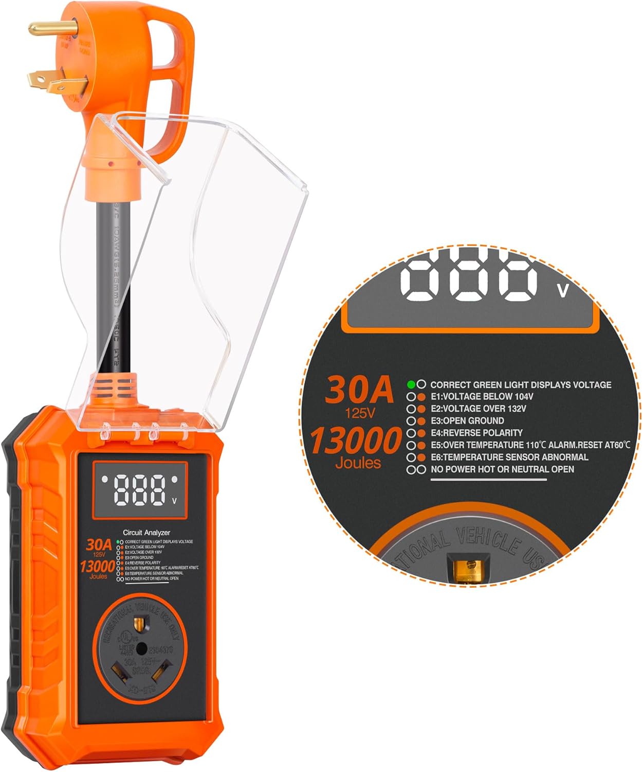 Rv Surge Protector 30 Amp, 13000 Joules RV Circuit Analyzer Surge Protector with Waterproof Cover and LED Display, Smart RV Adapter Plug for Camper, Travel Trailers, Orange
