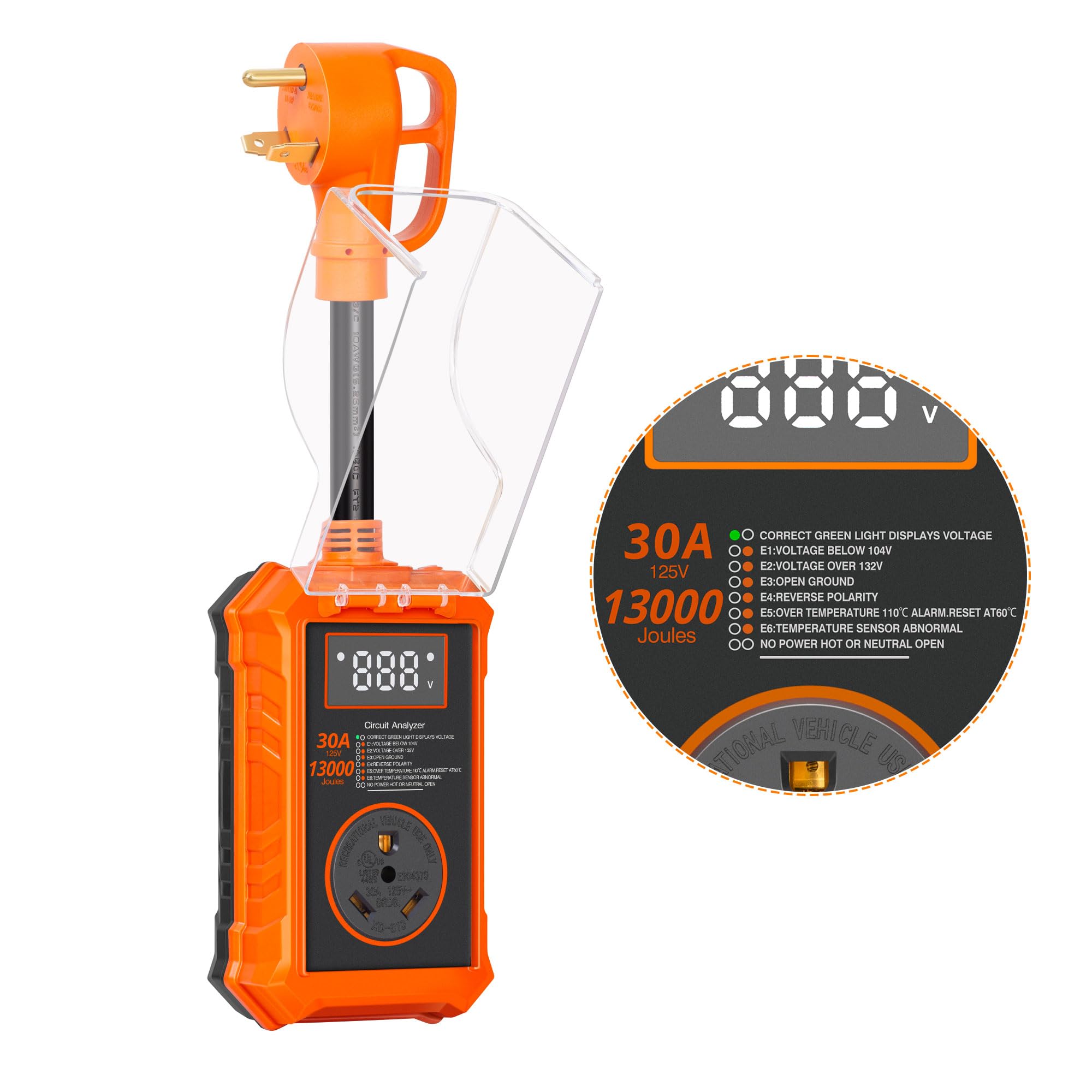 Rv Surge Protector 30 Amp, 13000 Joules RV Circuit Analyzer Surge Protector with Waterproof Cover and LED Display, Smart RV Adapter Plug for Camper, Travel Trailers, Orange